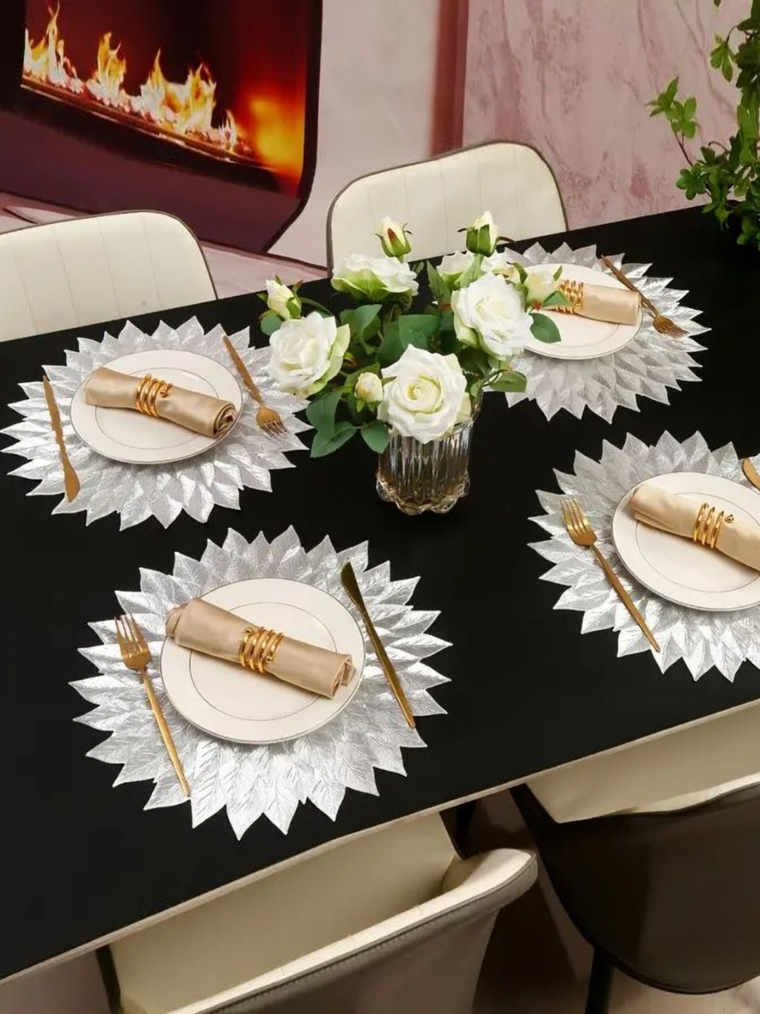 LooMantha Silver-toned 4 Pieces Floral Embroidered Plastic Round Table Placemats