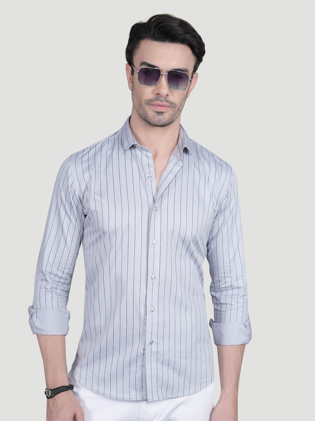 ALMATY Noel Comfort Vertical Striped Spread Collar Slim Fit Cotton Shirt