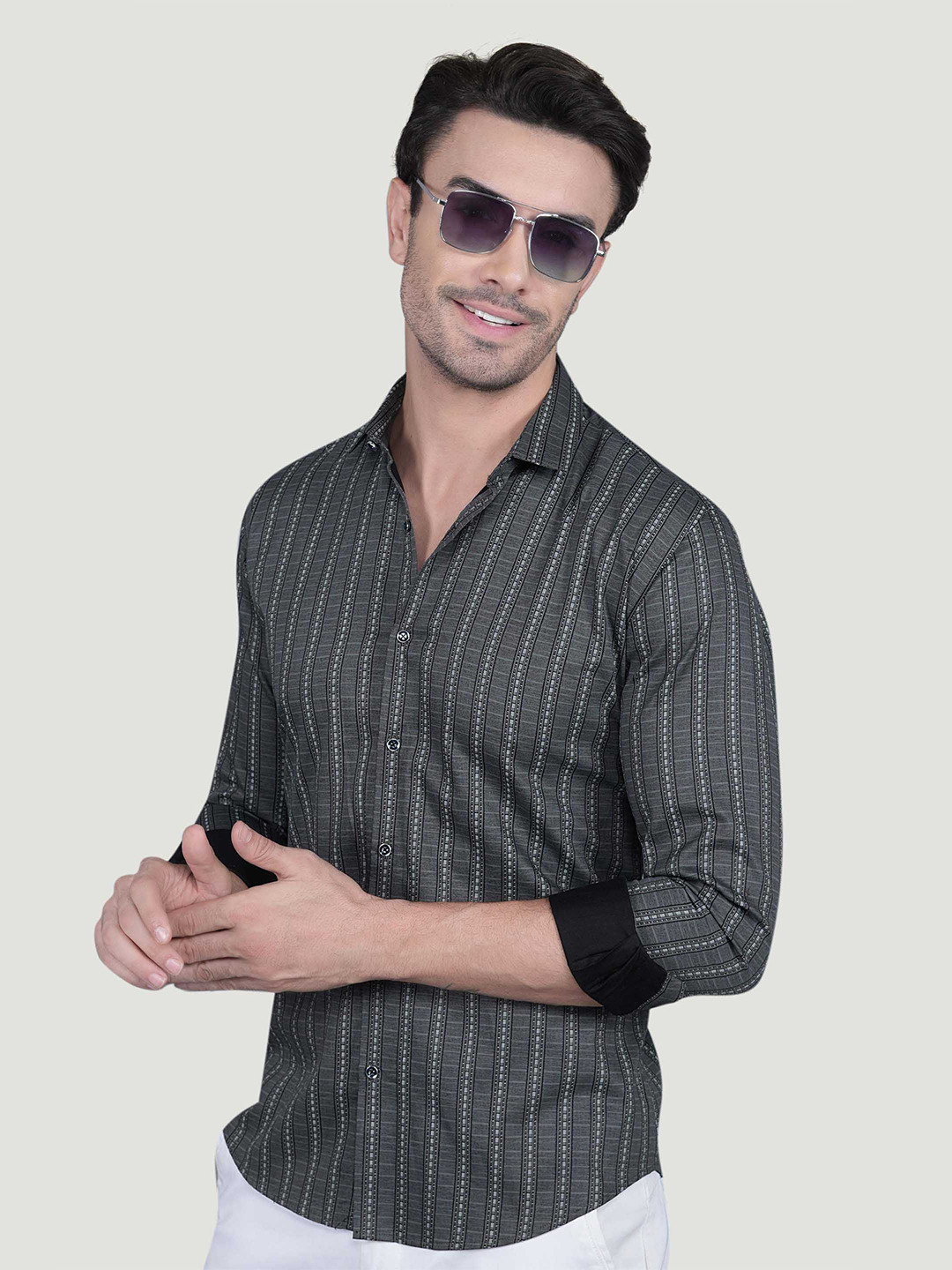 ALMATY Marcello Comfort Vertical Striped Spread Collar Slim Fit Cotton Shirt