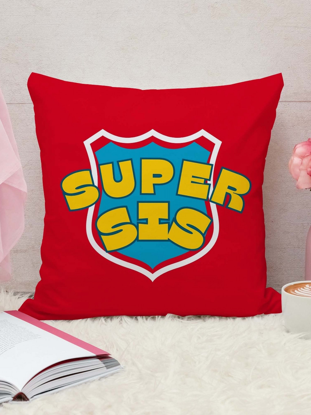 THE QUIRKY HOME White & Red Super Sis-Printed Square Gifting Pre-Filled Cushion