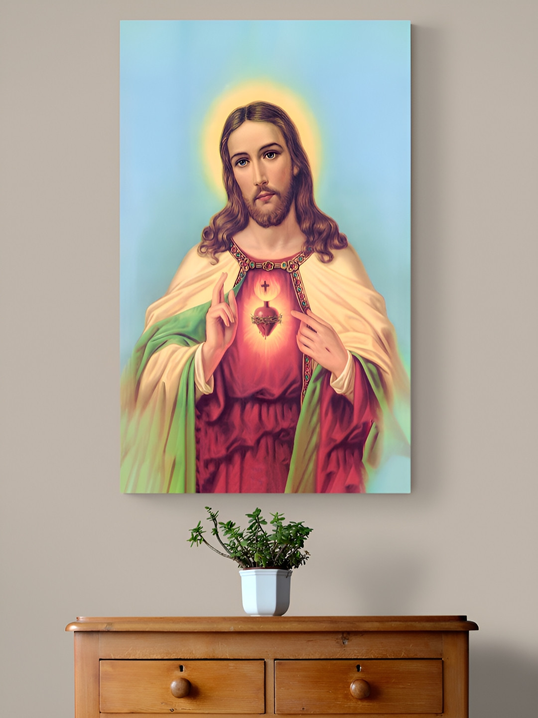 Tushaco Handicrafts Blue & Red Jesus Religious Canvas Wall Art