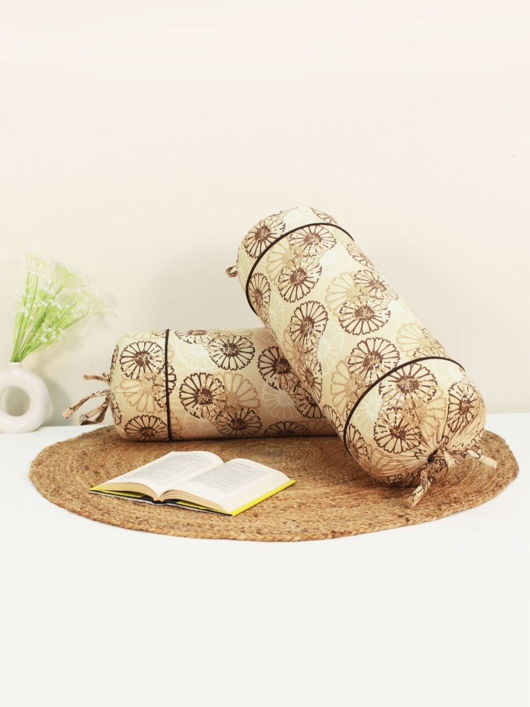 Aurave Beige & Brown 2 Pcs Flower Printed Pure Cotton Bolster Covers With Drawstrings