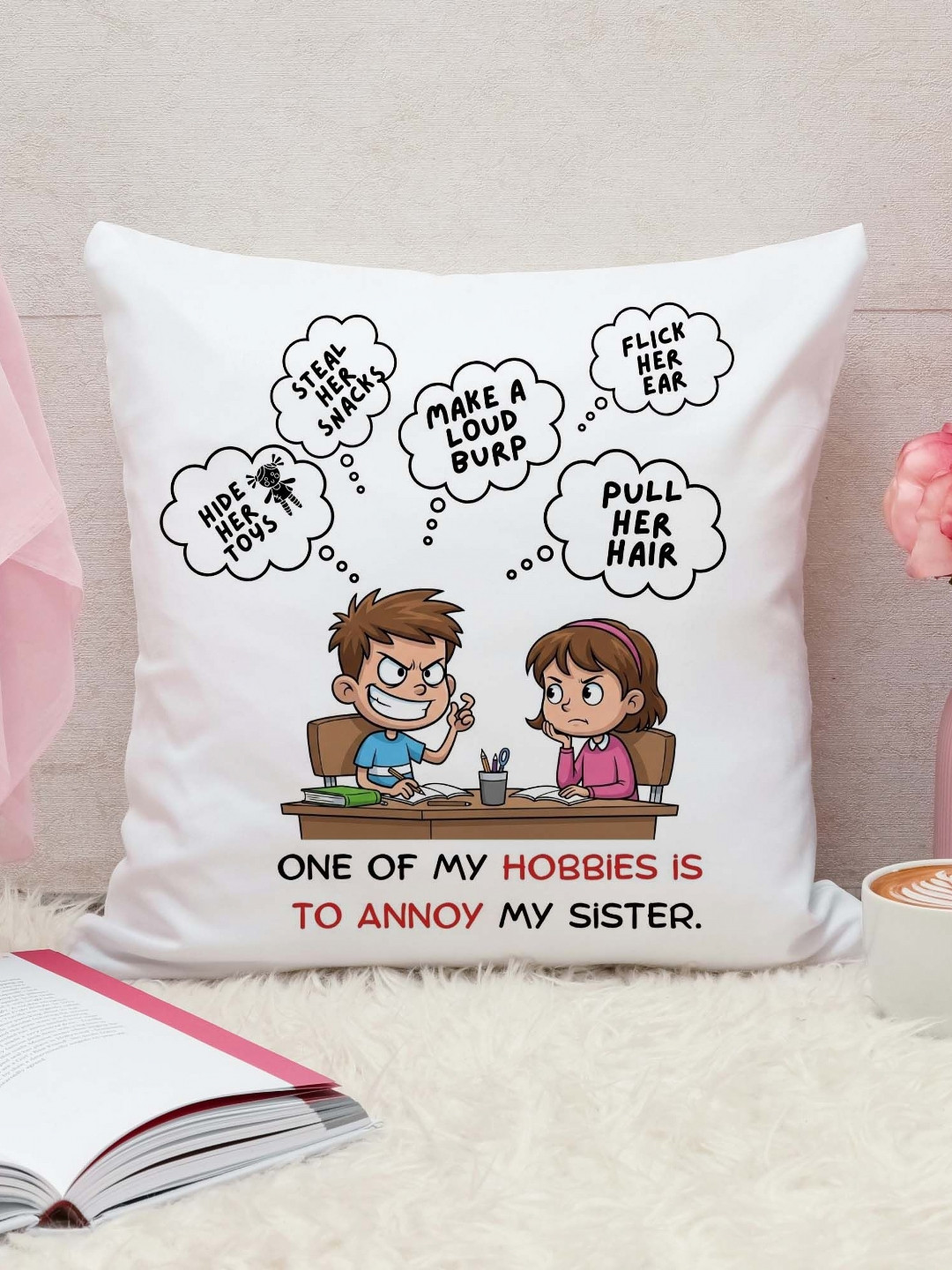 THE QUIRKY HOME White & Brown Printed Square-Shaped Rakshabandhan Gift Pre-Filled Cushion