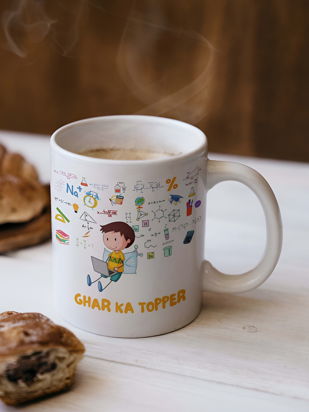 ARTBUG White & Yellow Ghar ka Topper Printed Ceramic Glossy Mug 330ml
