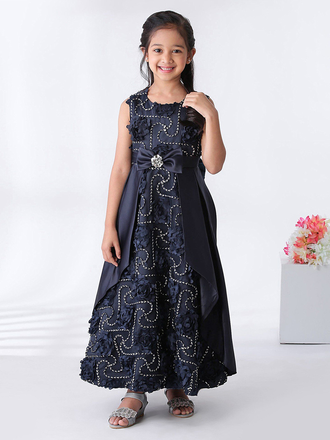 Mark & Mia Girls Embellished Floral Applique Maxi Gown Party Dress With Bow
