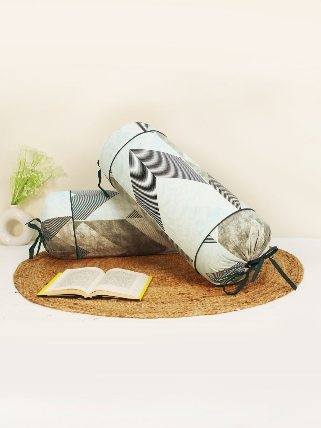 Aurave 2Pc Blue & Black Flower Printed Pure Cotton 144-TC Bolster Covers With Drawstrings