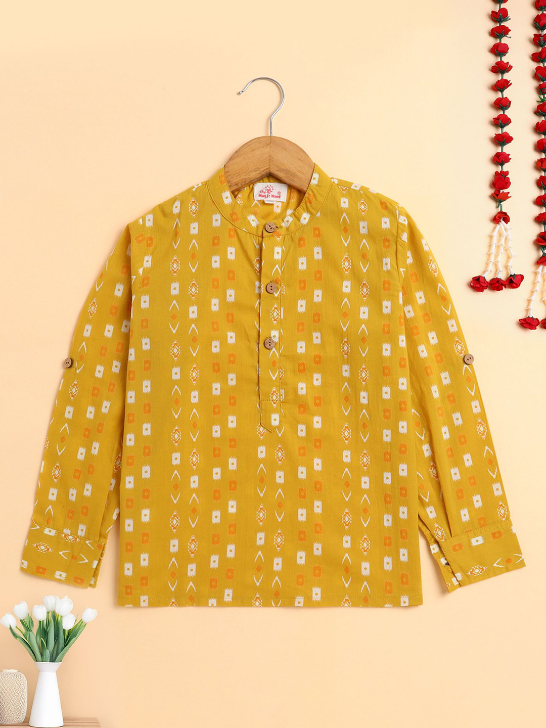 The Magic Wand Boys Ethnic Motifs Printed Mirror Work Cotton Straight Kurta