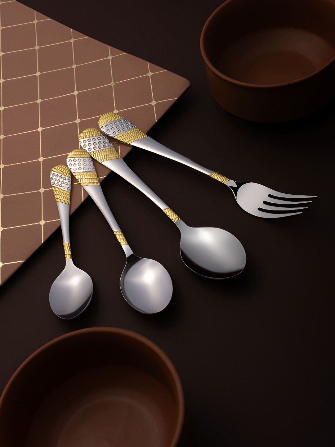 FNS Stainless Steel 24 Karat Gold Plated 24 Pieces Cutlery Set With Wooden Box