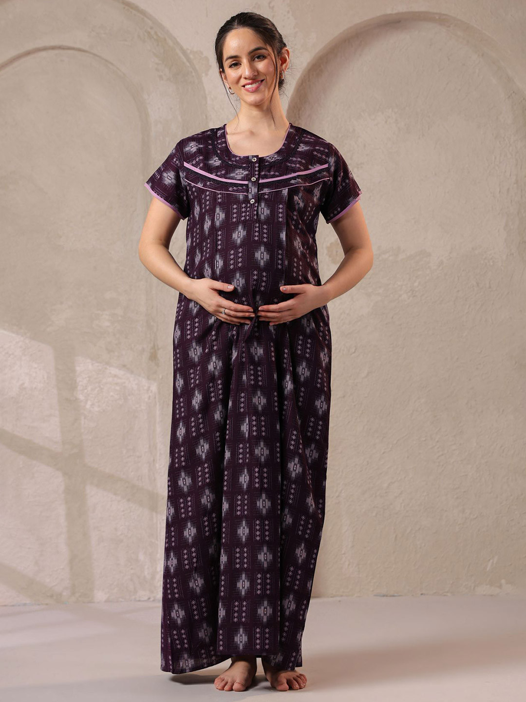 NIGHTSPREE Women Printed Maternity Maxi Nightdress