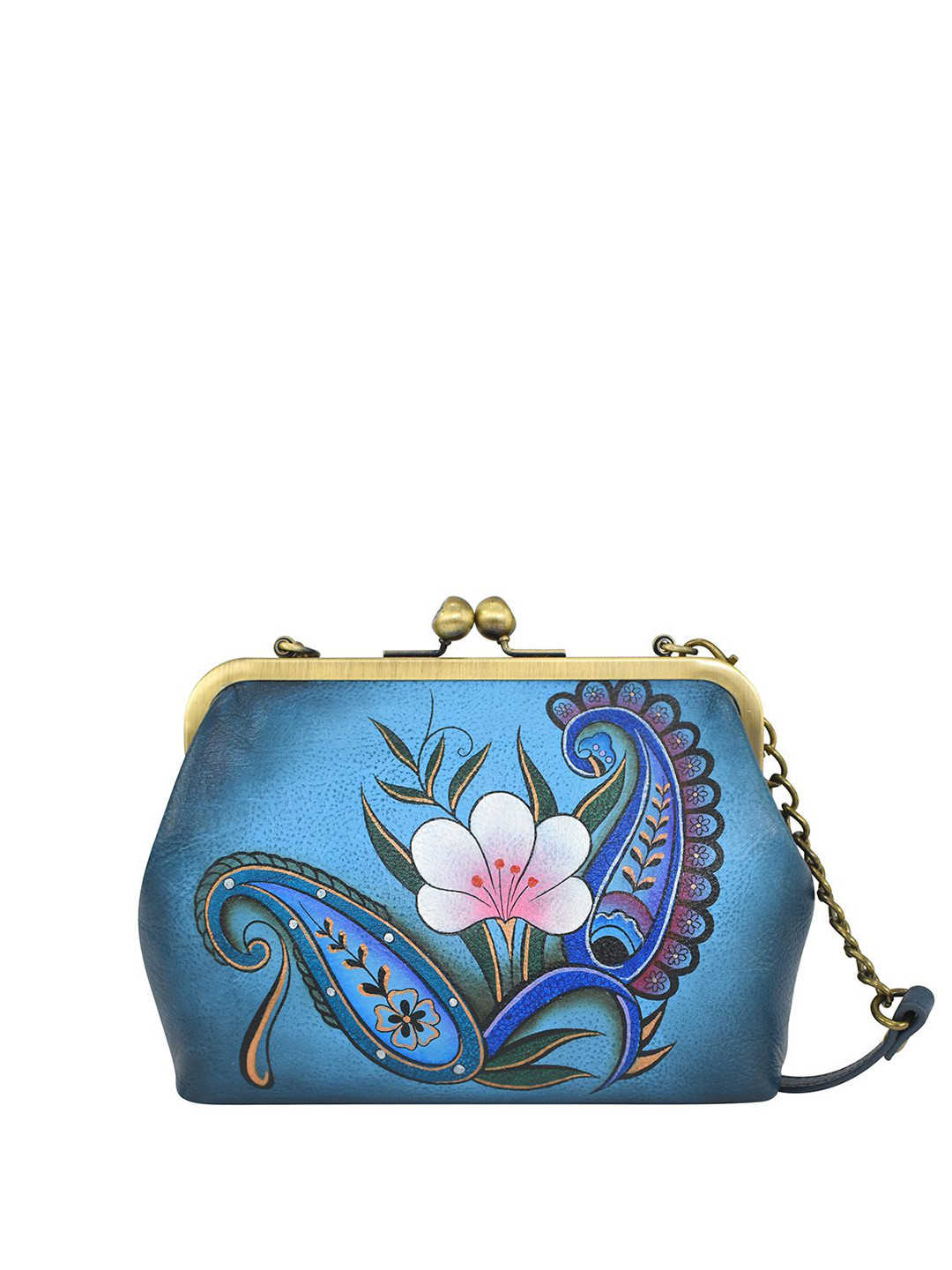 Anuschka Women Denim Paisley Floral Hand Painted Leather Crossbody Frame Bag