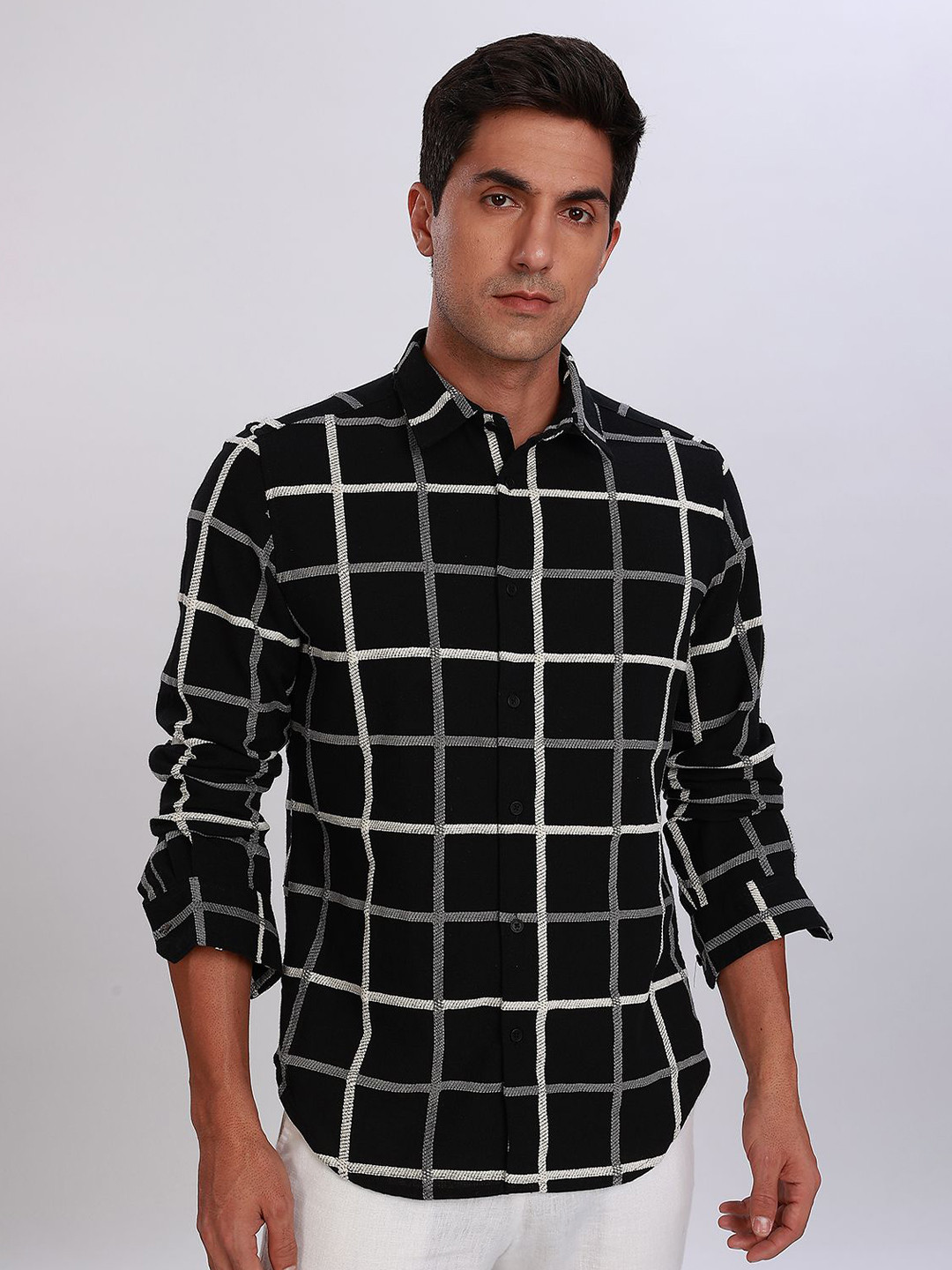 THREE DAYS Windowpane Checked Spread Collar Cotton Comfort Casual Shirt