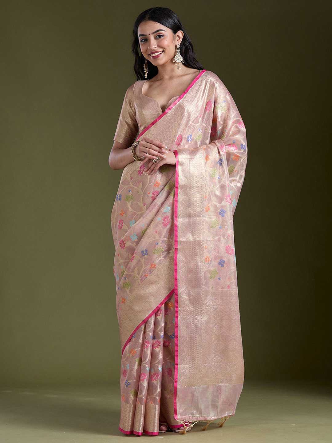 Koskii Onion Pink Ethnic Motifs Woven Design Zariwork Banarasi Saree