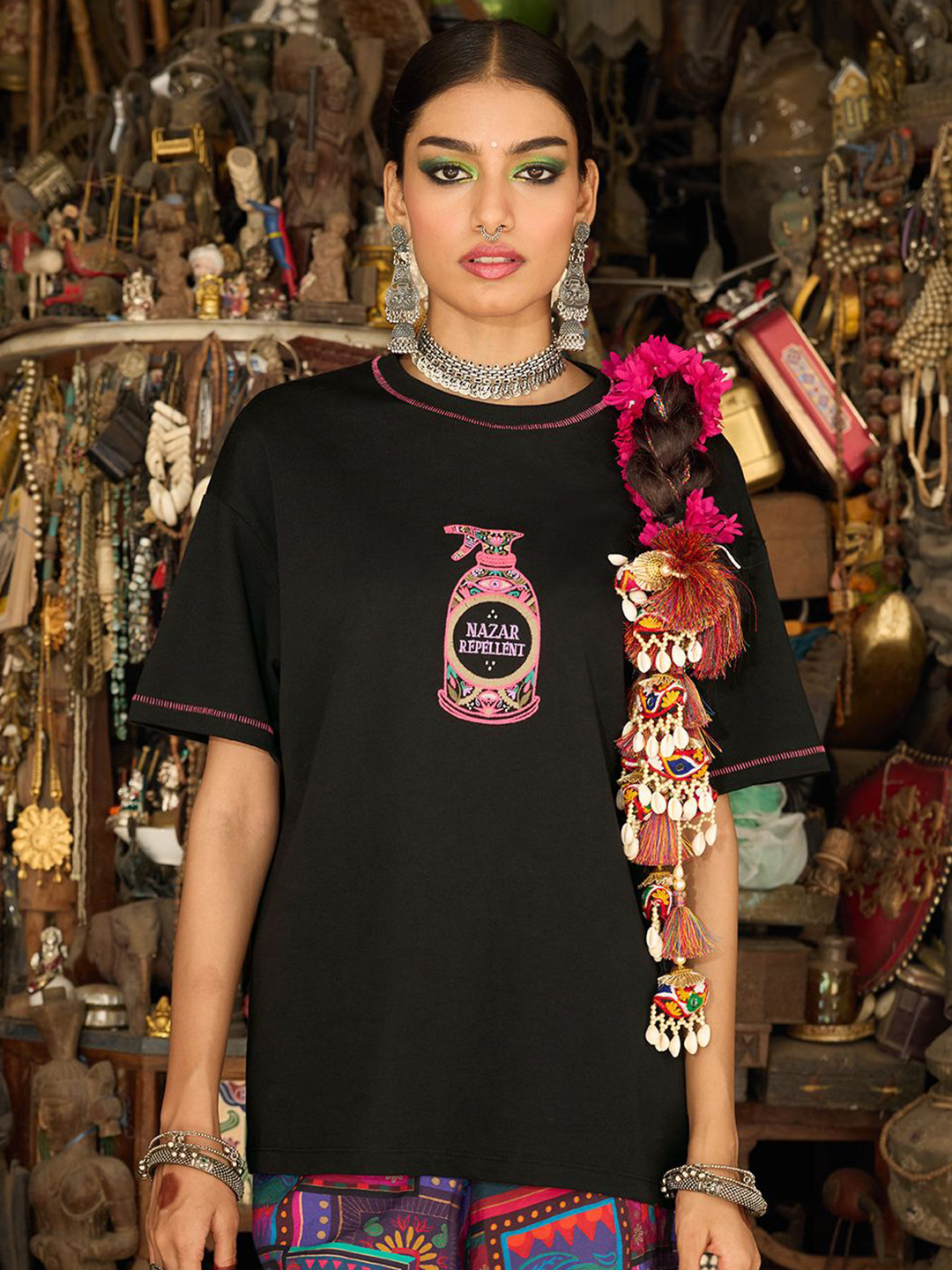 The Souled Store  Women Desi Rebel: Nazar Repellent Black Oversized Fit T-Shirts