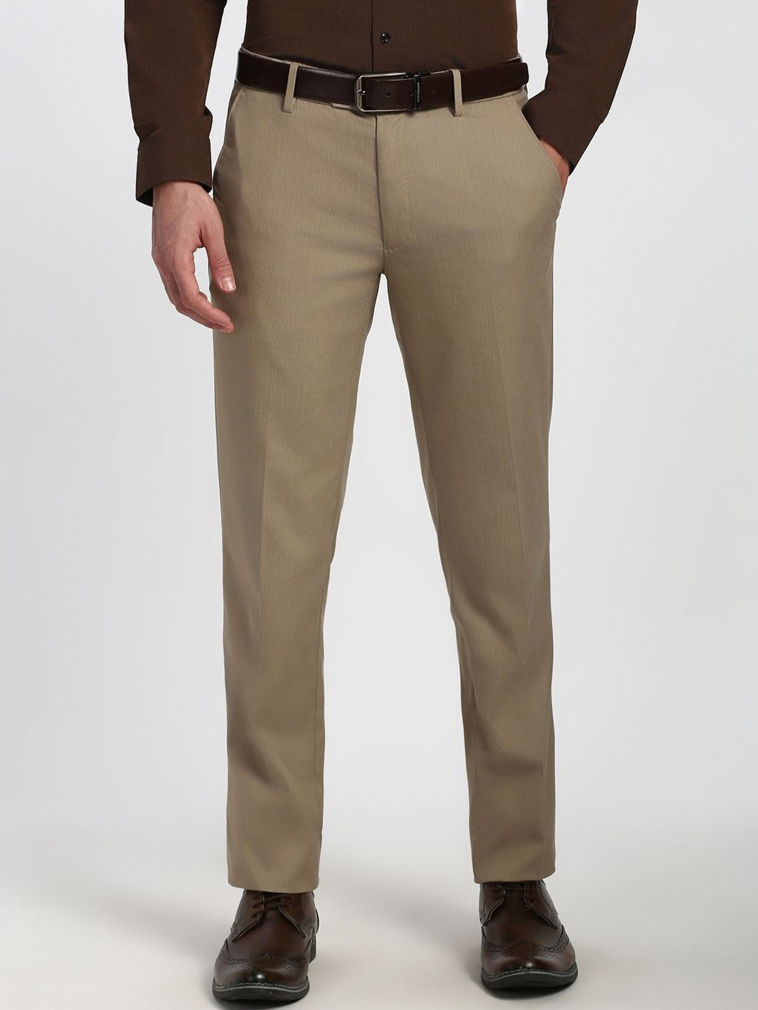 Peter England Men Textured Slim Fit Mid-Rise Formal Trousers