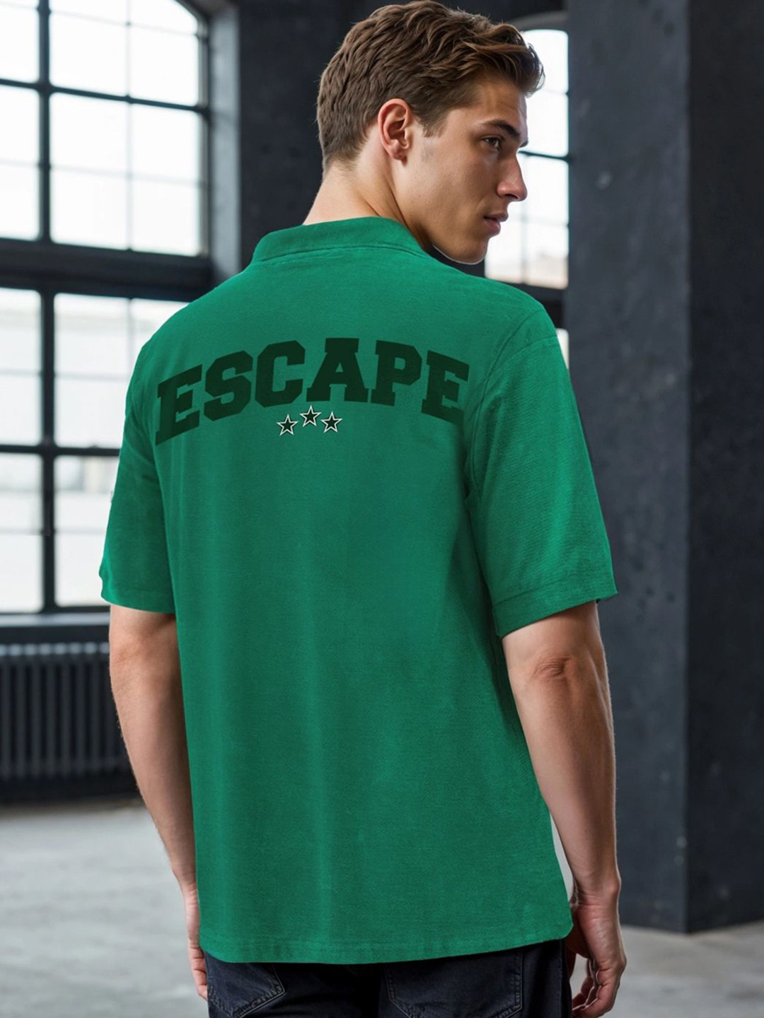 Bewakoof Heavy Duty Men Green Escape Typography Oversized Acid Wash Polo T-shirt