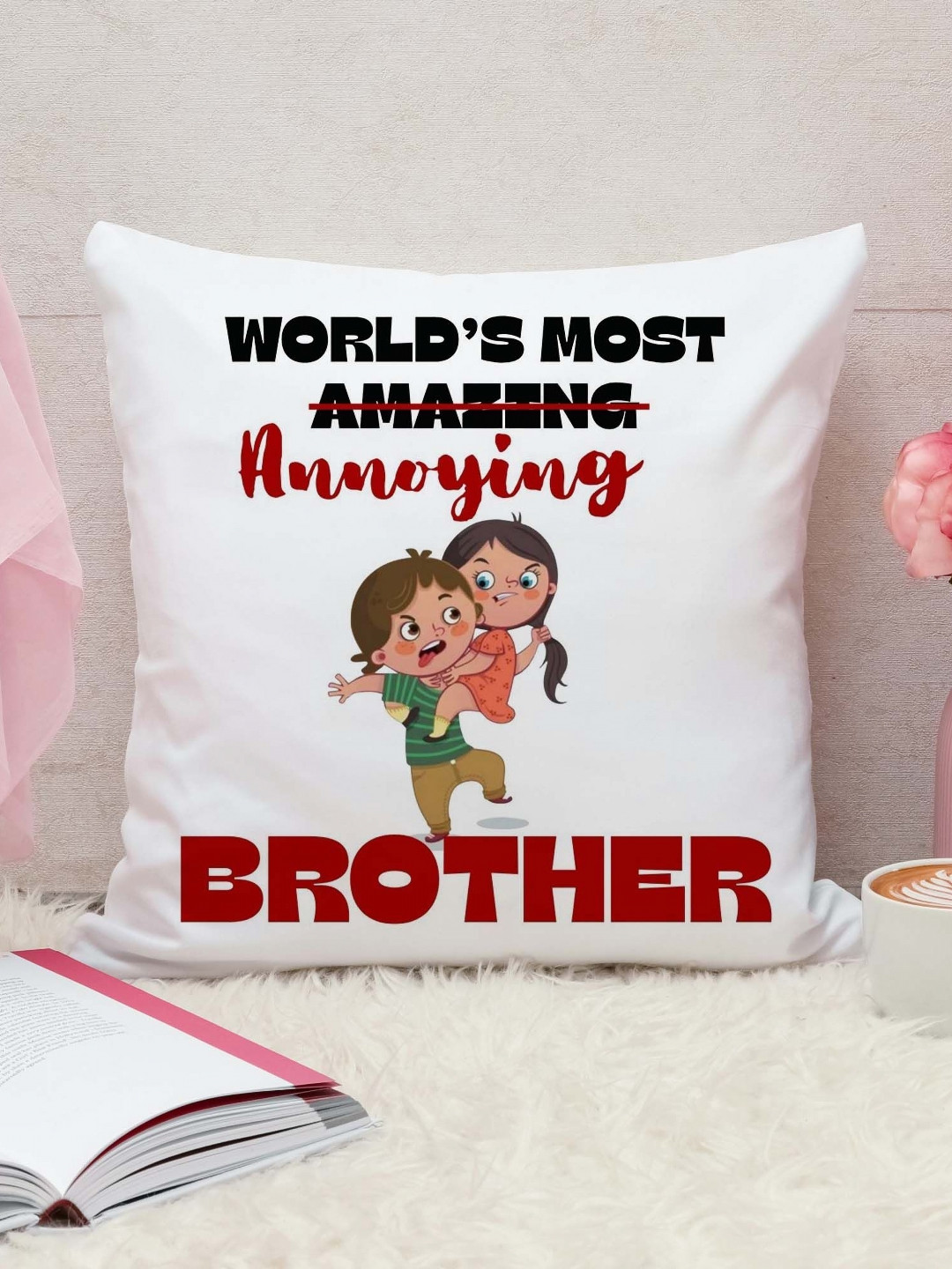 THE QUIRKY HOME White & Red World's Most Annoying Brother-Printed Pre-Filled Cushion