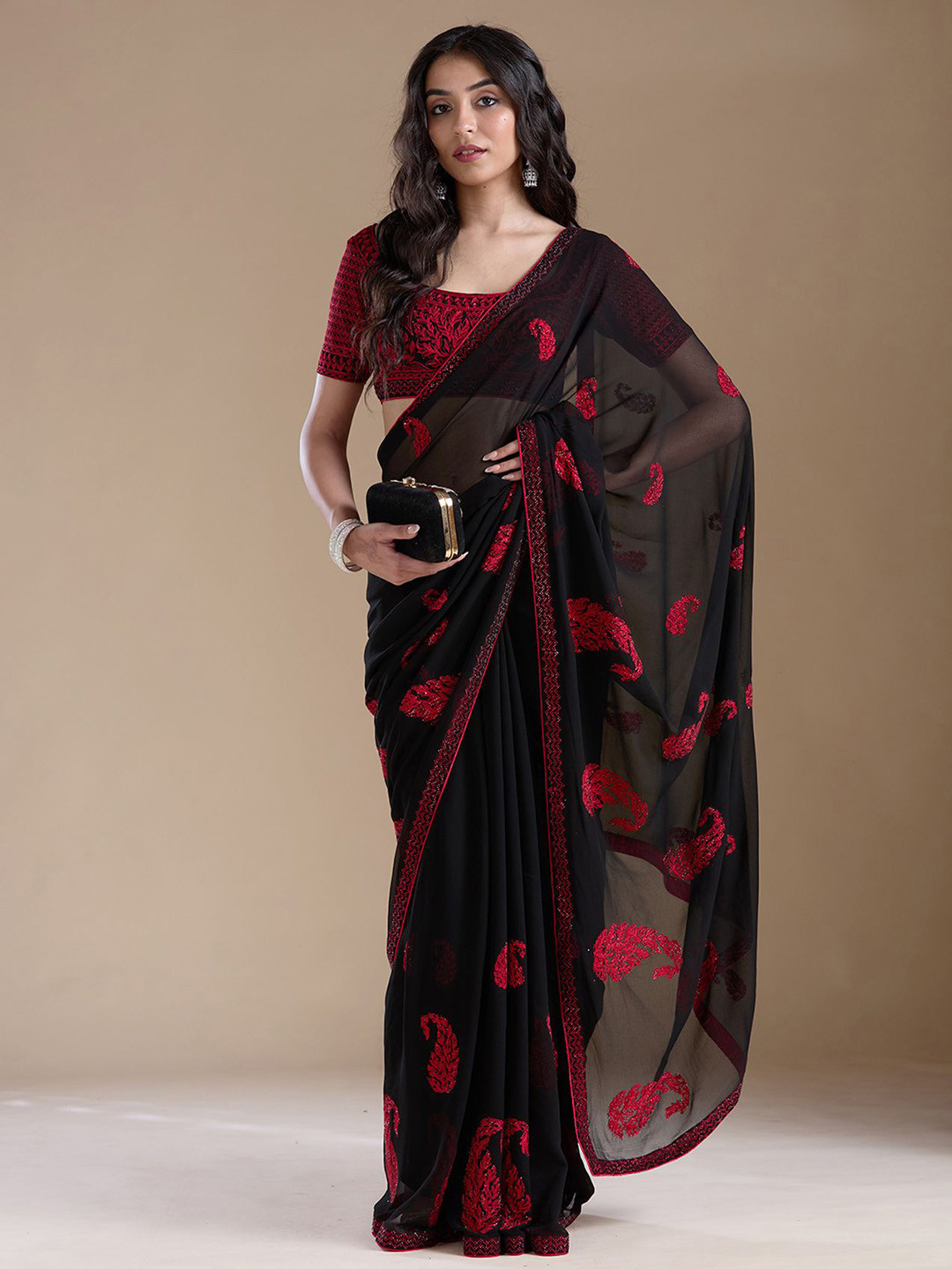 Koskii Black Threadwork Georgette Saree