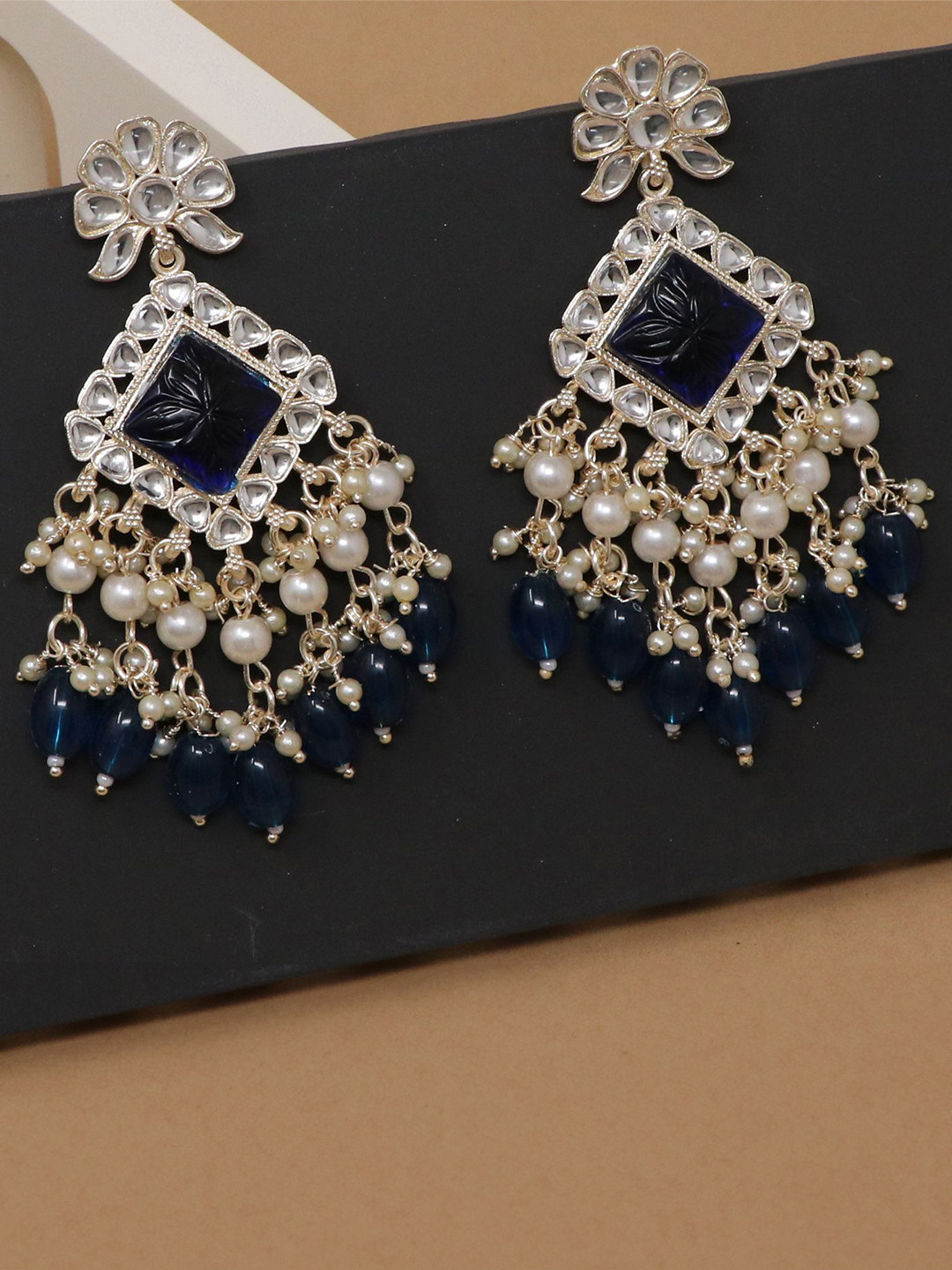 BELWICK Silver-Plated Kundan Studded And Pearls Beaded Diamond Shaped Drop Earrings