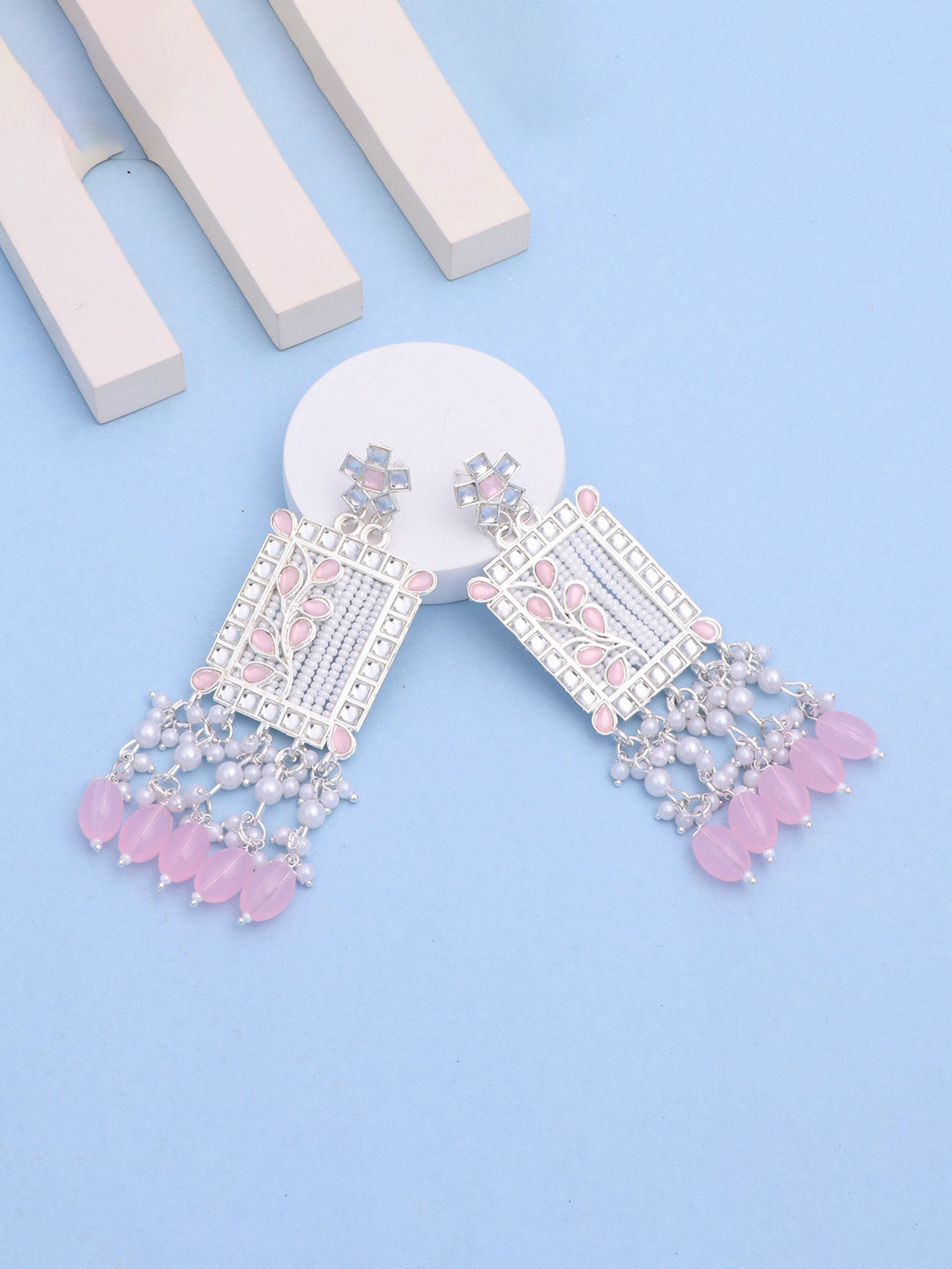 BELWICK Silver-Plated Kundan Studded And Pearls Beaded Rectangle Drop Earrings