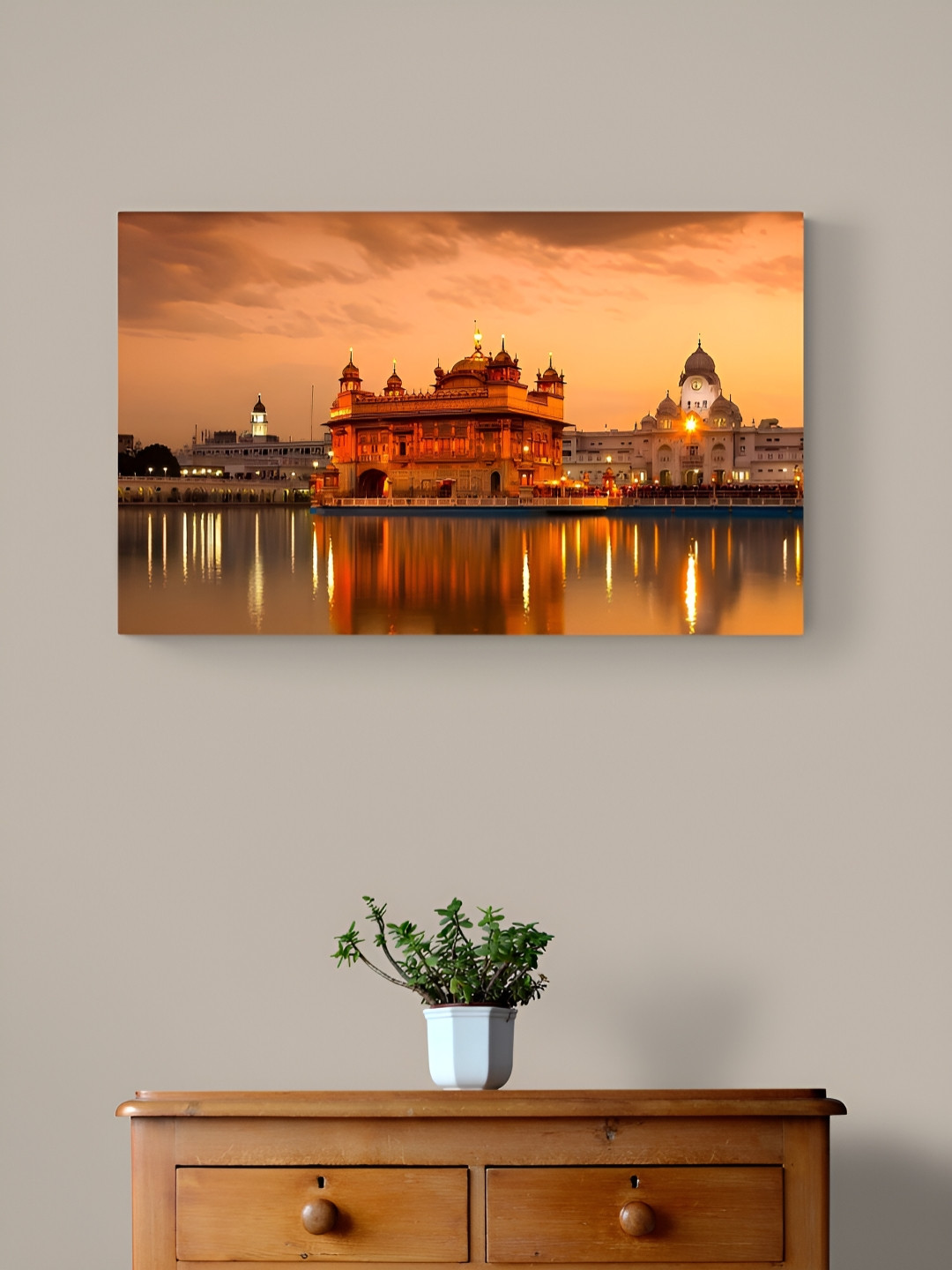 Tushaco Handicrafts Beige & Grey Golden Temple Religious Canvas Wall Art