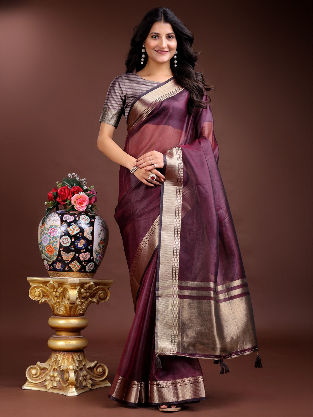 Astita Organza Ethnic Saree With Zari Border & Blouse Piece