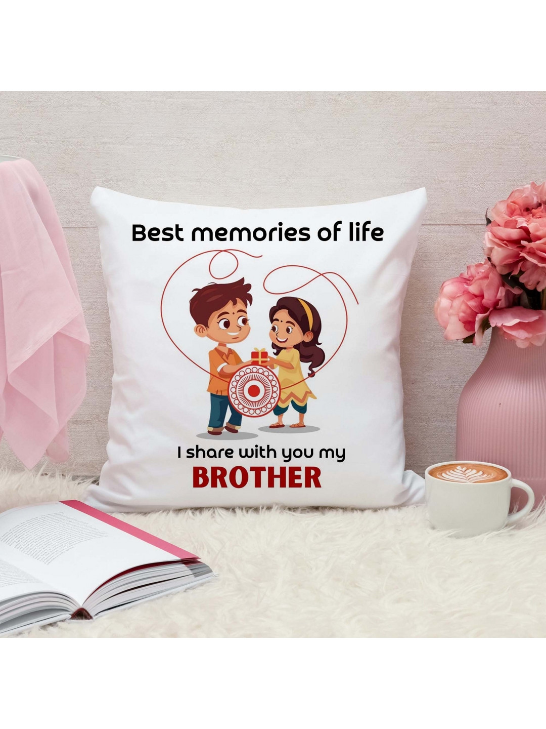THE QUIRKY HOME White & Brown Printed Square-Shaped Rakshabandhan Gift Pre-Filled Cushion