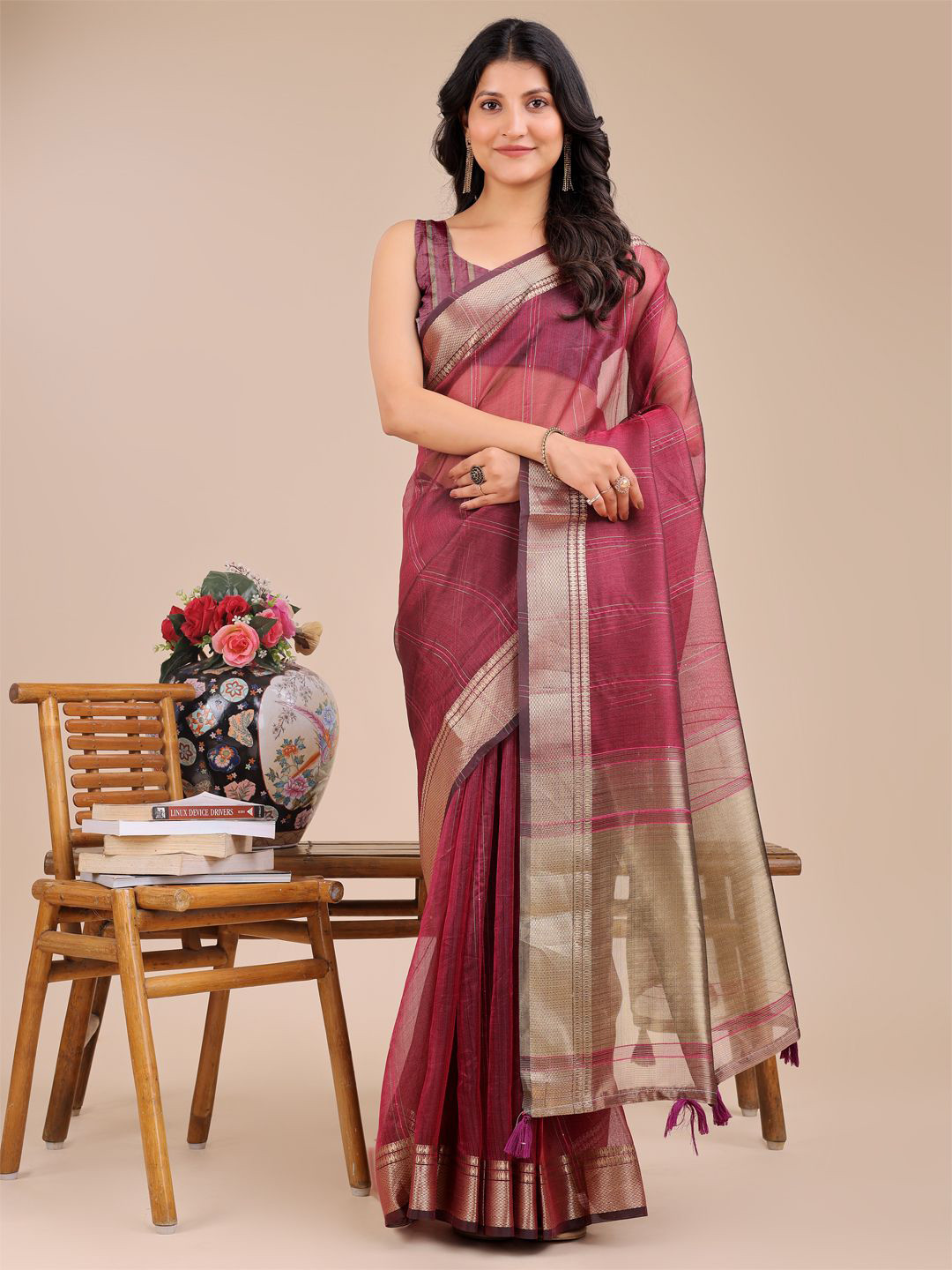 Astita Striped Woven Design Zari Organza Saree with Golden Border