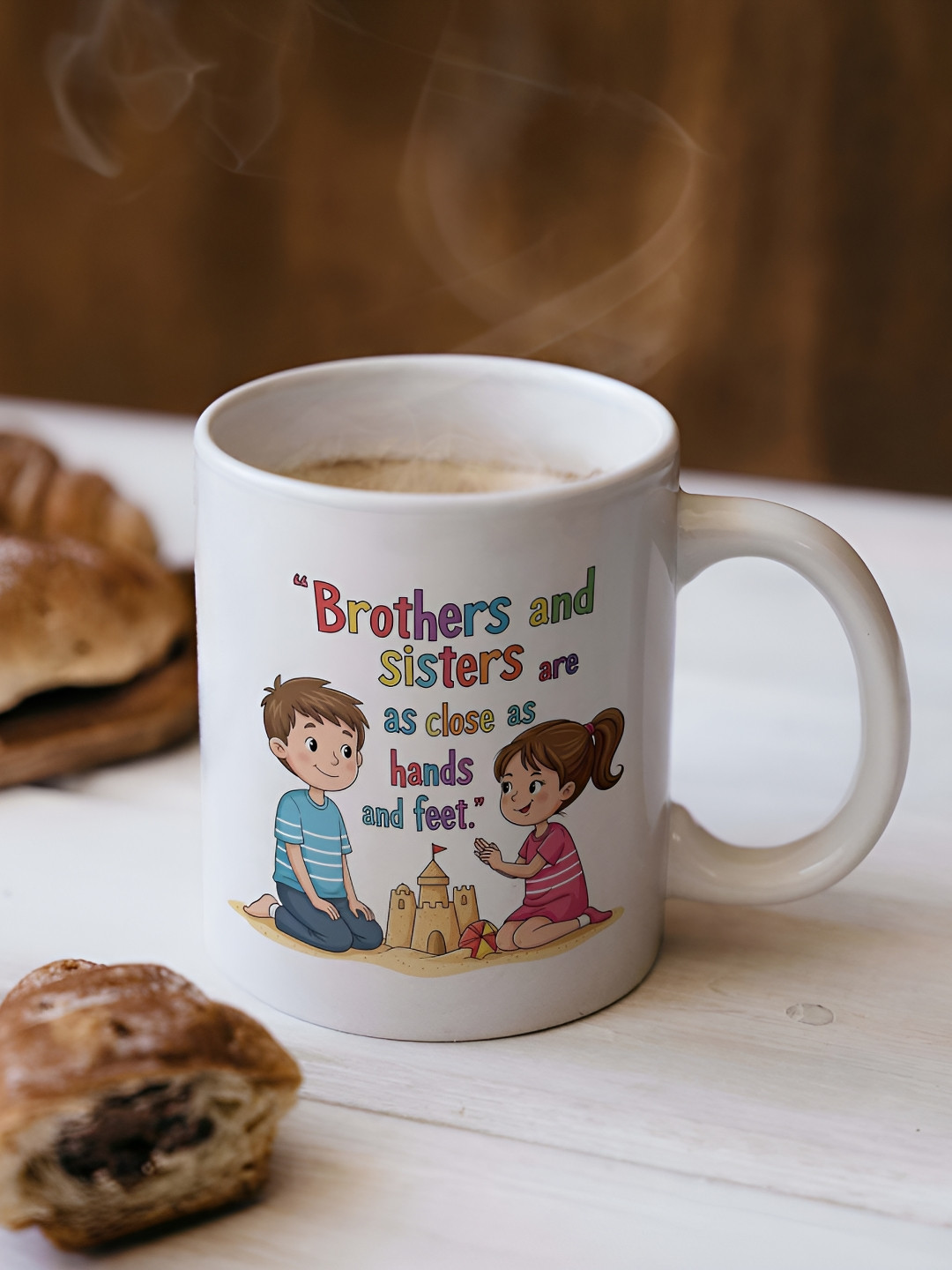 ARTBUG White & Blue Brother and Sister Printed Ceramic Glossy Mug 330ml