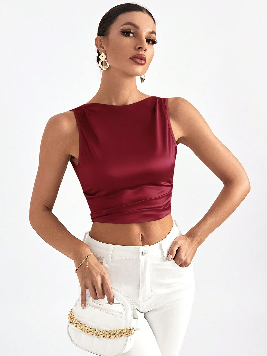 Stylecast X Slyck Solid Pattern Styled Back Boat Neck Crop Top