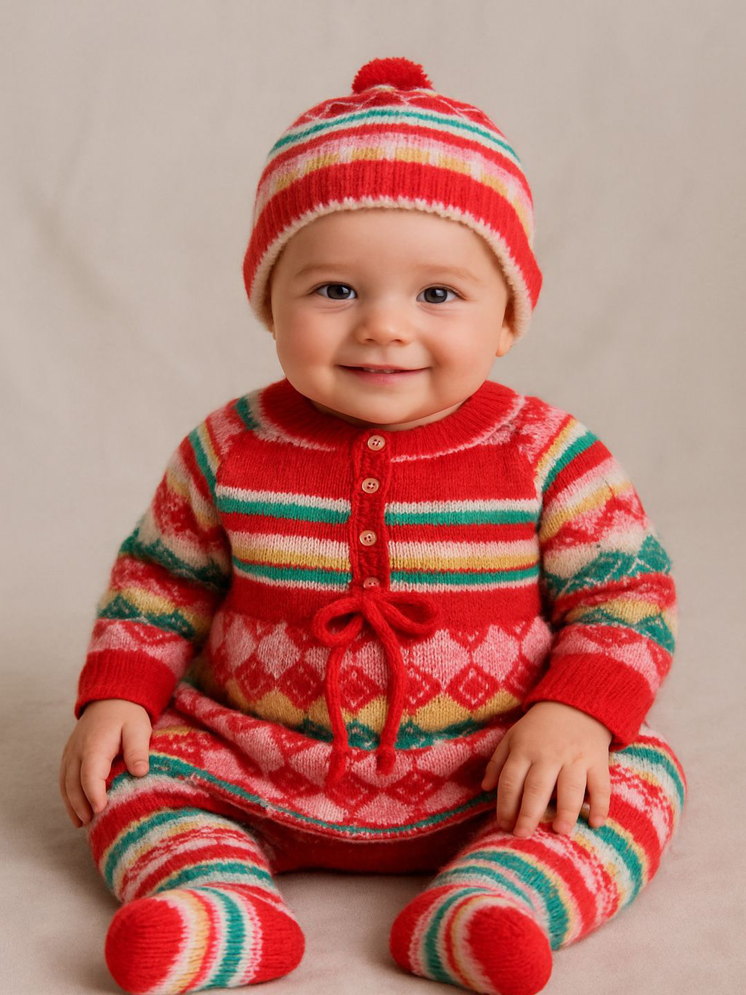 LeafBird Infants 4Pc Printed Sweater With Trousers & Booties & Caps Gift Set
