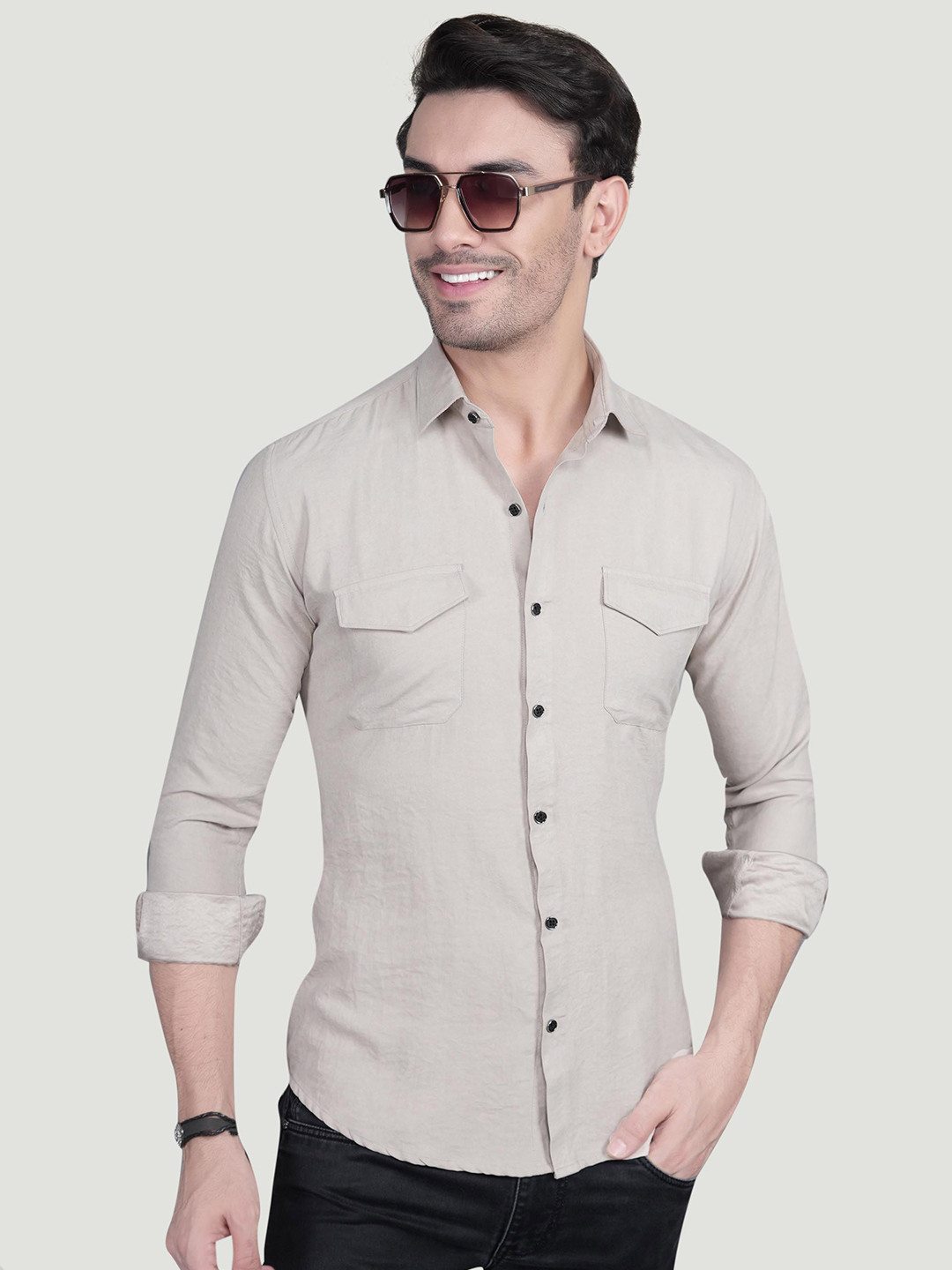 ALMATY Abel Comfort Double Pocket Detail Slim Fit Suede Shirt