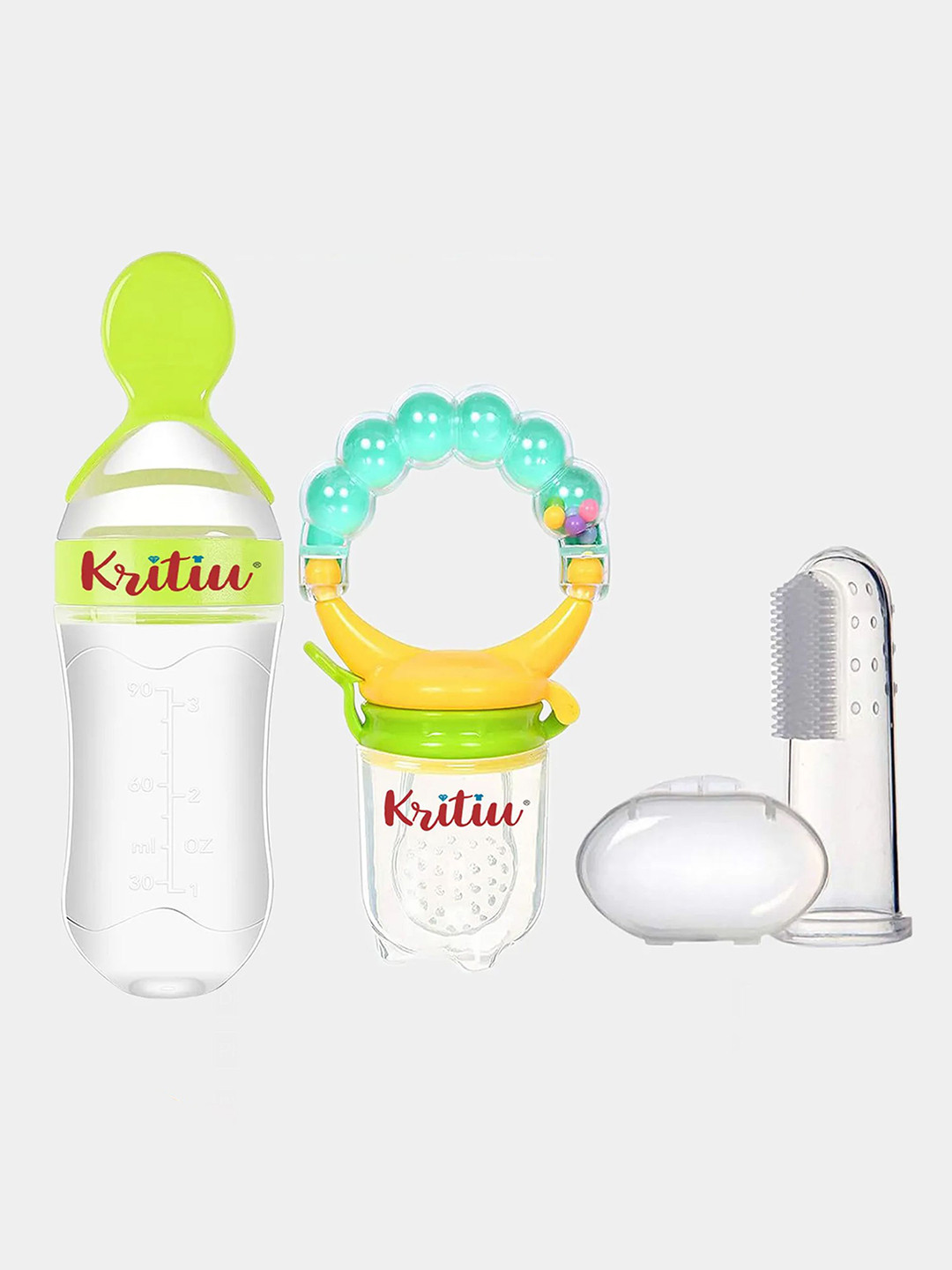 Kritiu Kids 3Pcs Green & Transparent Silicone Fruit Nibbler Food Feeder & Brush