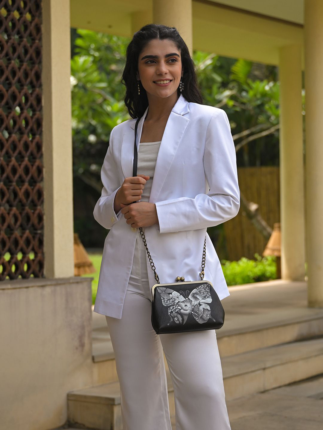 Anuschka Women Butterfly Mosaic Black Hand Painted Leather Crossbody Frame Bag