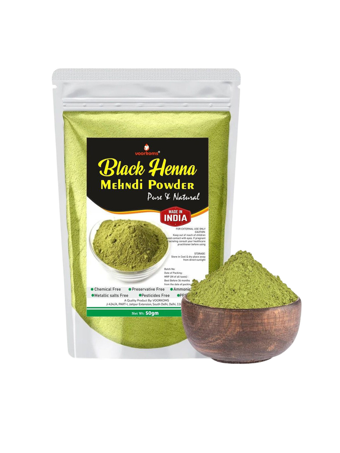 VOORKOMS Black Heena Mehendi Powder For Hair Colour - 50 g