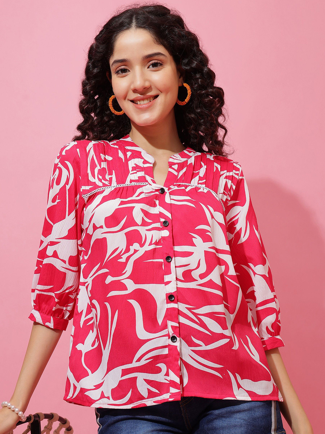 De La Moda Printed Mandarin Collar Cuffed  Sleeves Shirt Style Top