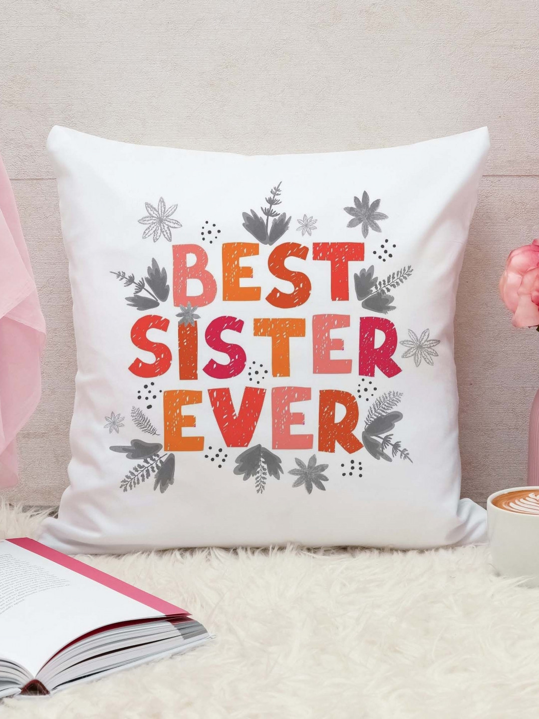 THE QUIRKY HOME White & Red Best Sister Ever-Printed Square Gifting Pre-Filled Cushion