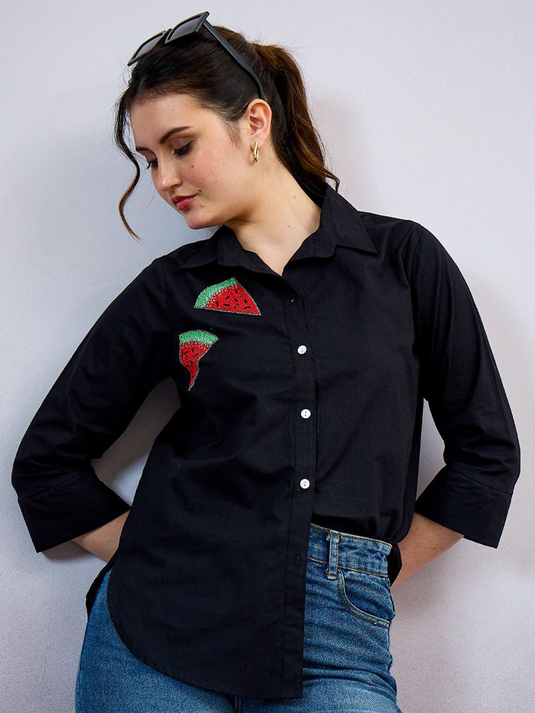 Shally Bhasin by Athena Women Standard Fit Solid Spread Collar Cotton Casual Shirt