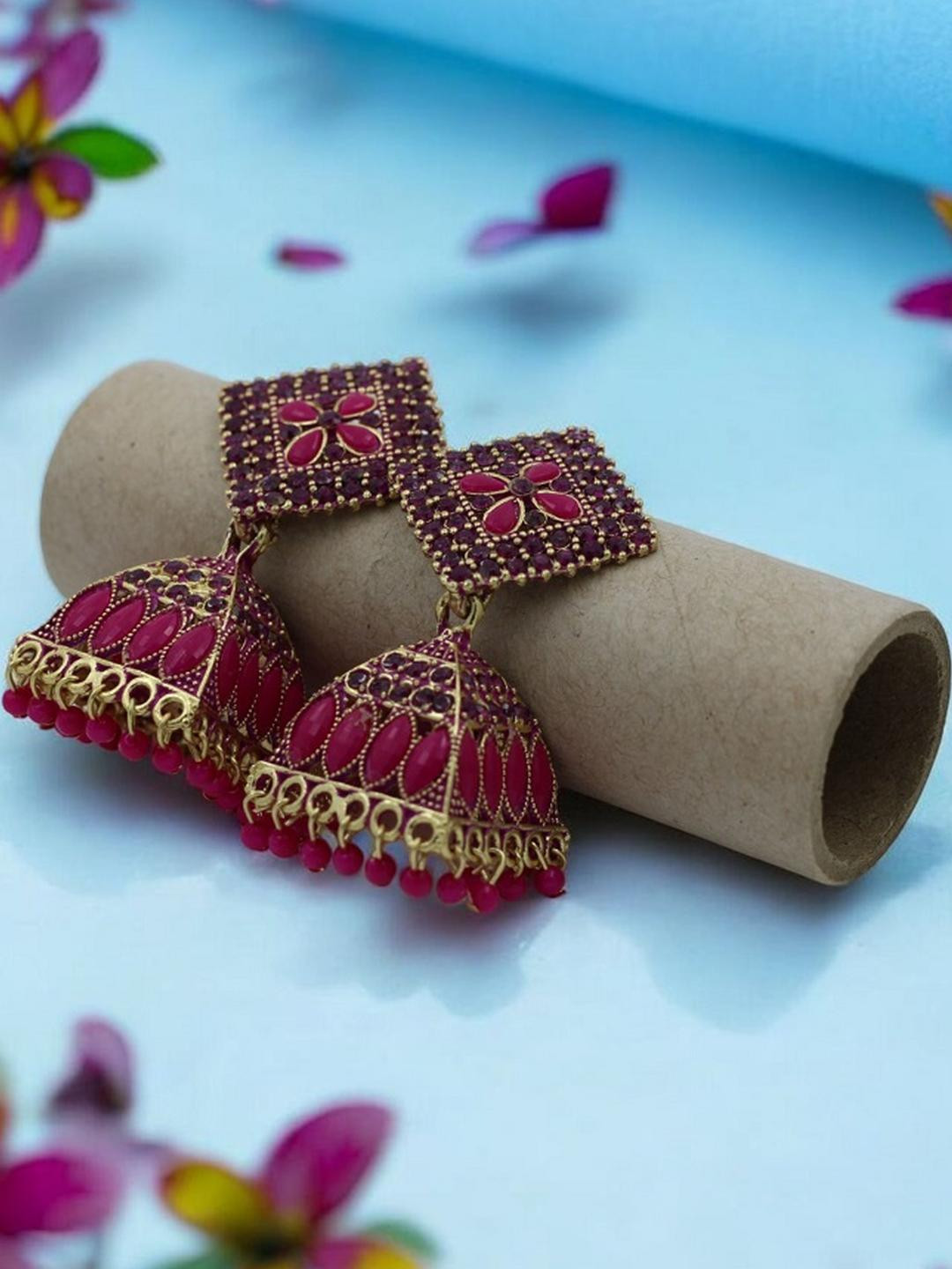 Magenta Color Jhumka Earrings Set