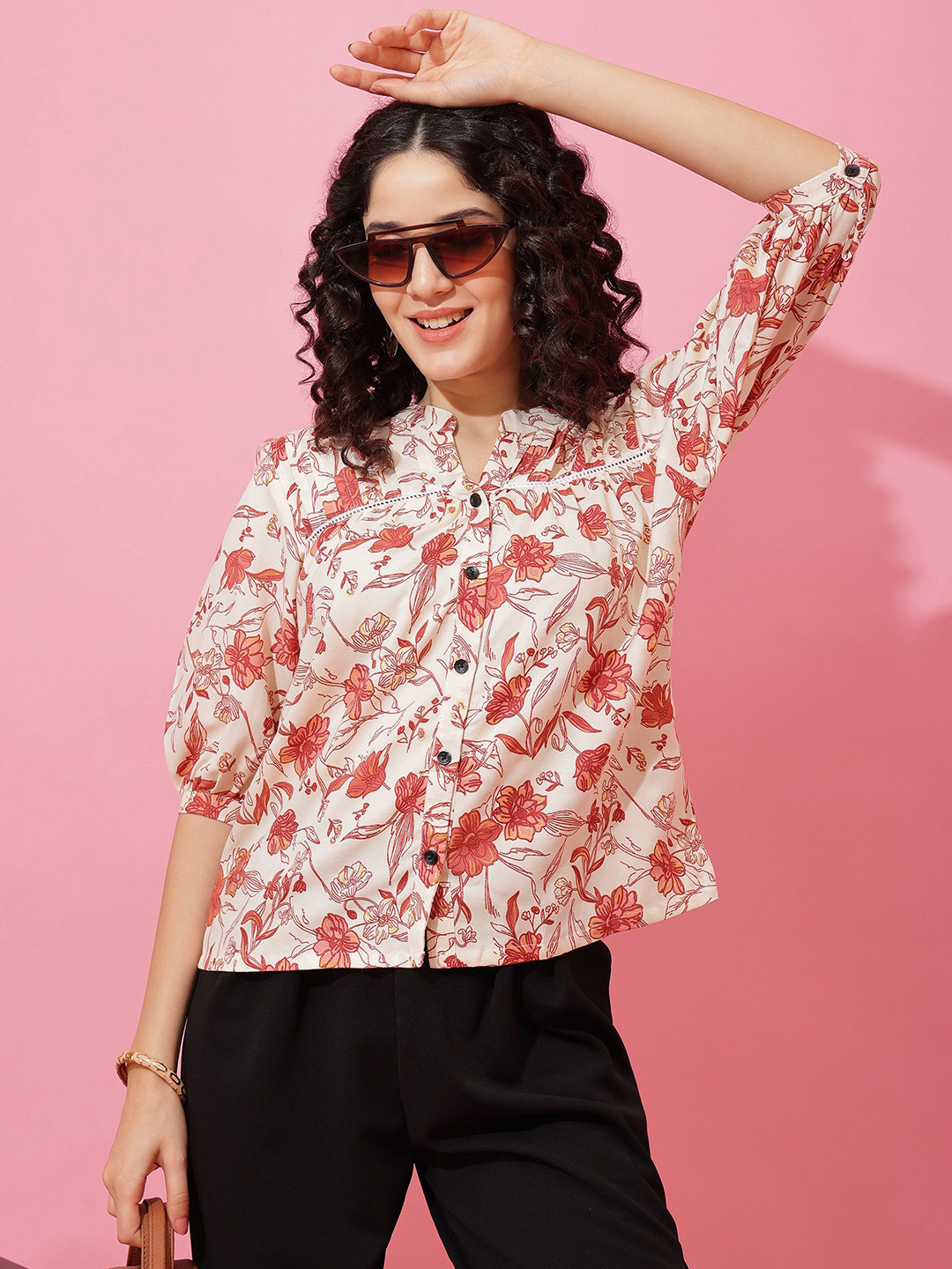 SHEETAL Associates Women Floral Print Mandarin Collar Shirt Style Top