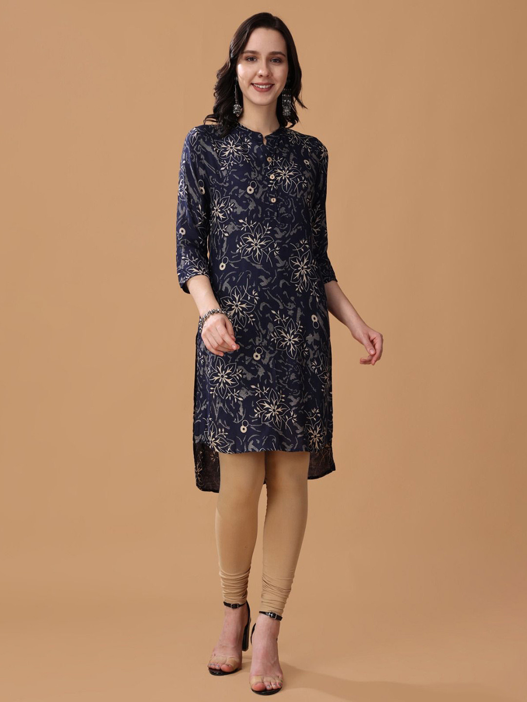 RANGRIWAZ Floral Print Mandairan Coller Khari Print A-Line Pure Cotton Kurti