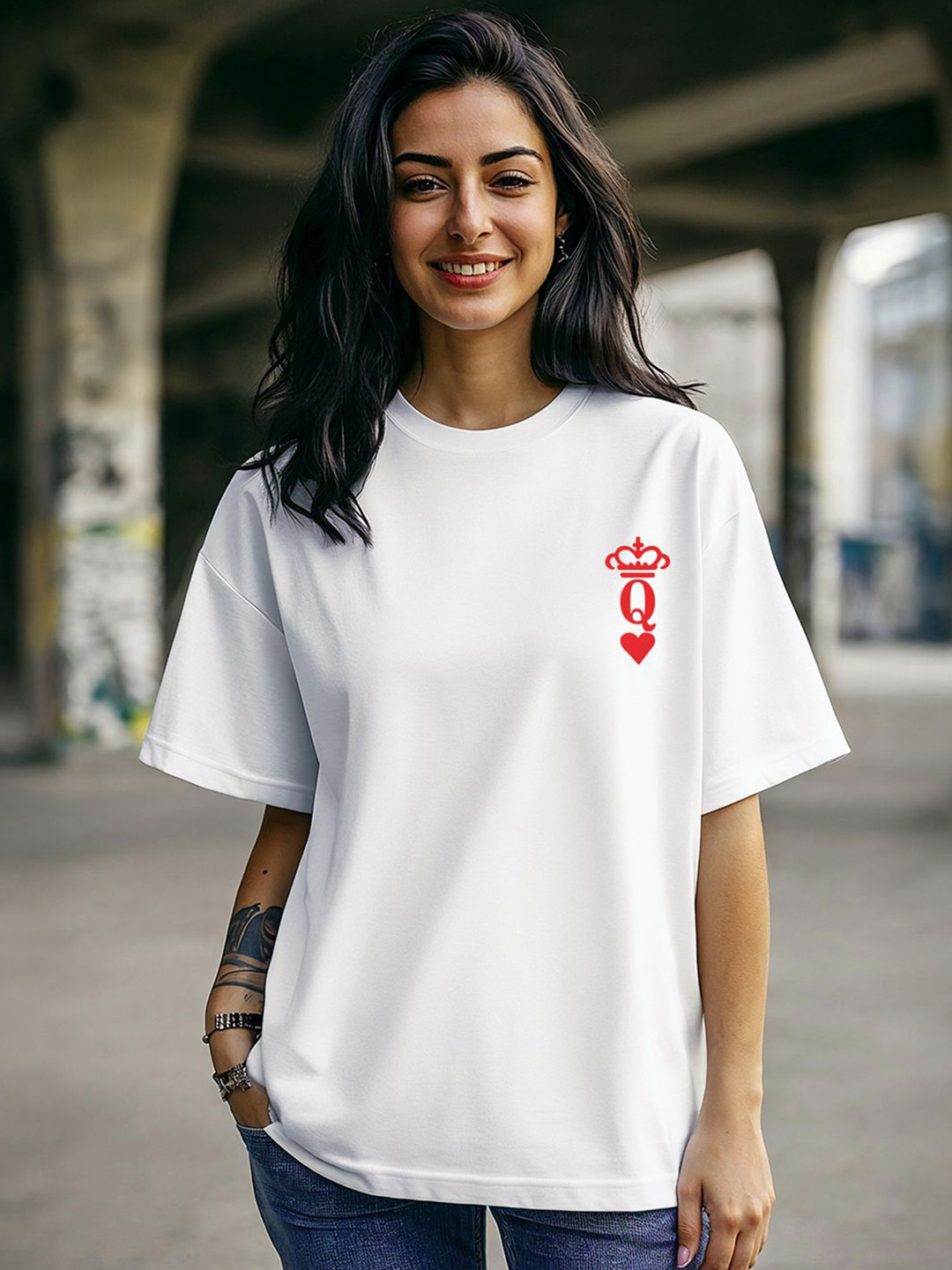 Bewakoof Women White Valentine Q Typography Oversized T-shirt