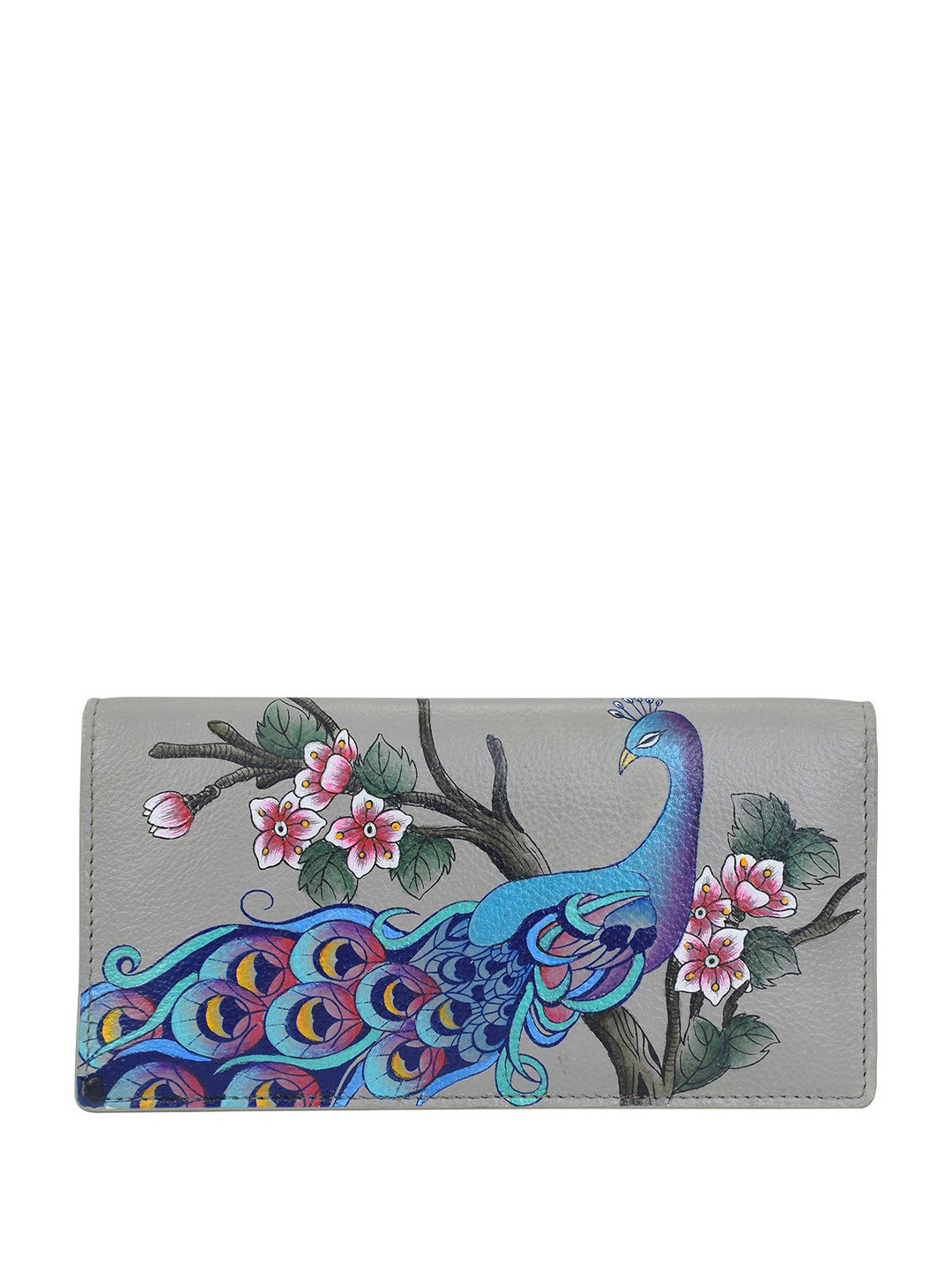Anuschka Women Peacock Bliss Taupe Hand Painted Two Fold Leather Wallet
