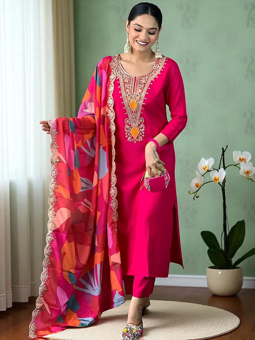 SHADOW & SAINING  Yoke Design Sequinned Pure Cotton Straight Kurta With Trousers & Dupatta