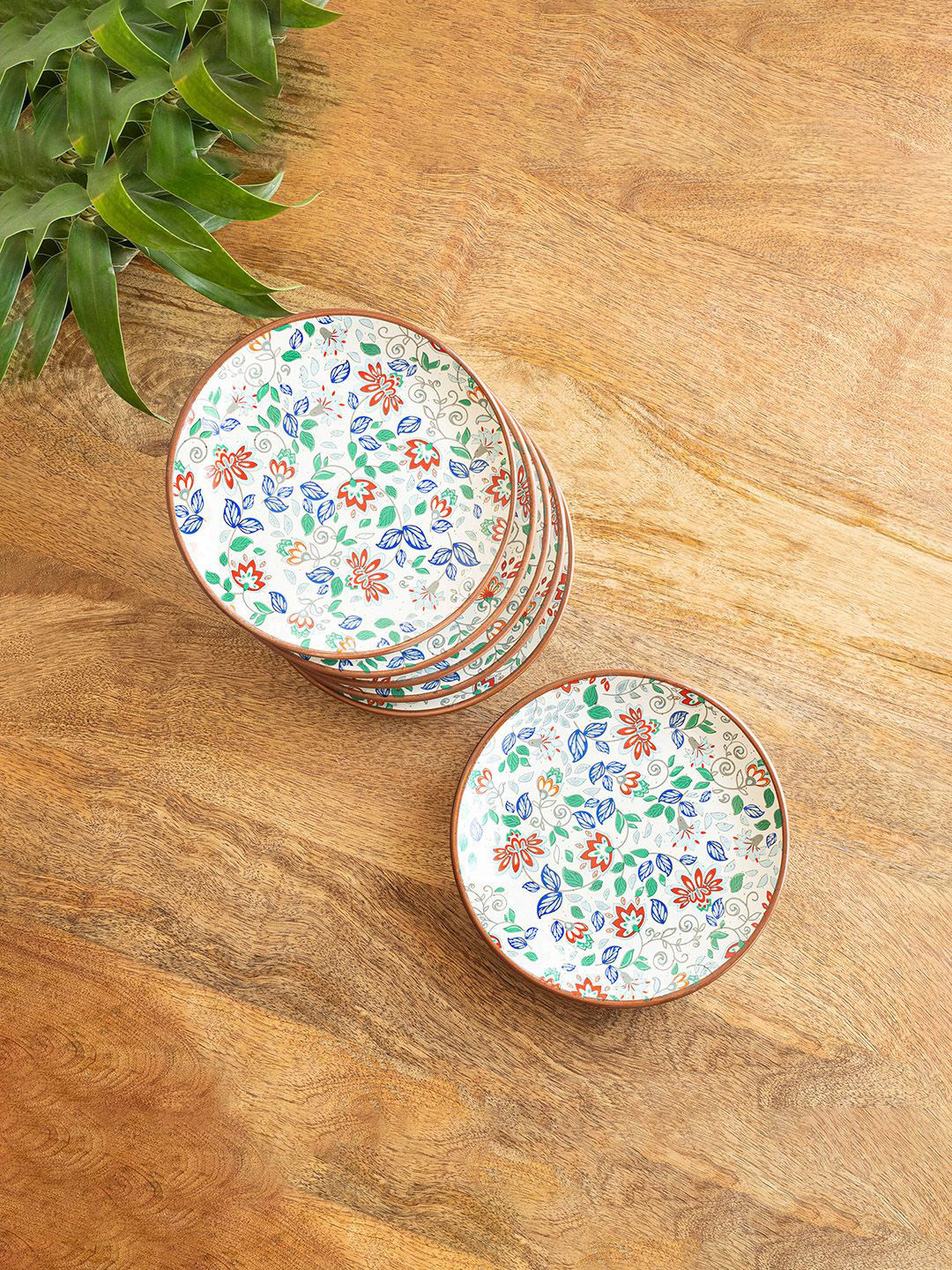 ExclusiveLane Spring Garden White & Green 6 Pieces Printed Ceramic Quarter Plates