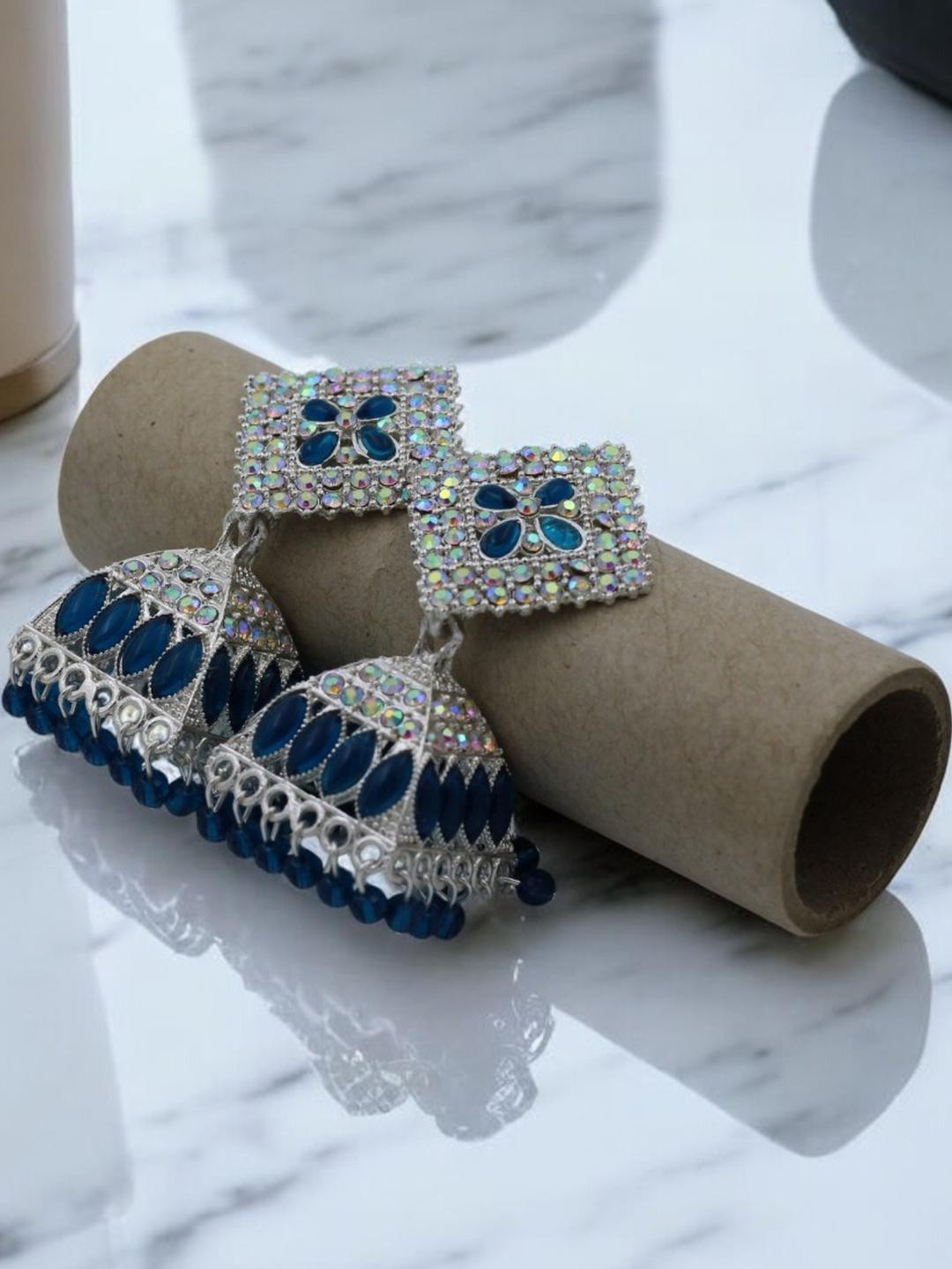 Peacock Blue Color Jhumka Earrings Set