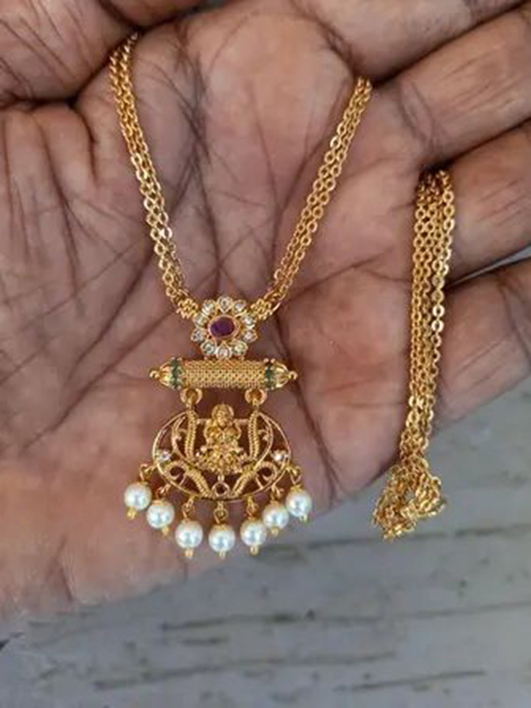 Nens Jwl Gold-Plated CZ Stones Studded & Pearls Beaded Astalakshmi Necklace