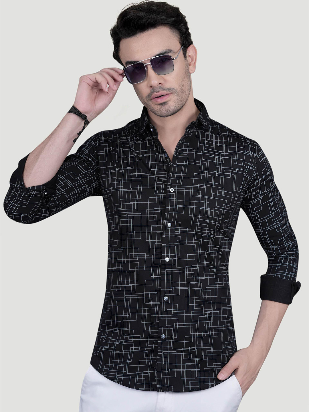 ALMATY Julien Comfort Geometric Printed Slim Fit Cotton Shirt