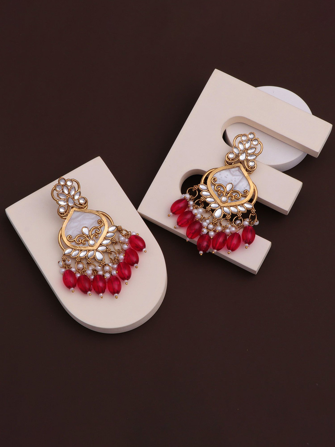 BELWICK Brass-Plated Kundan Studded & Pearls Beaded Chandelier Contemporary Drop Earrings