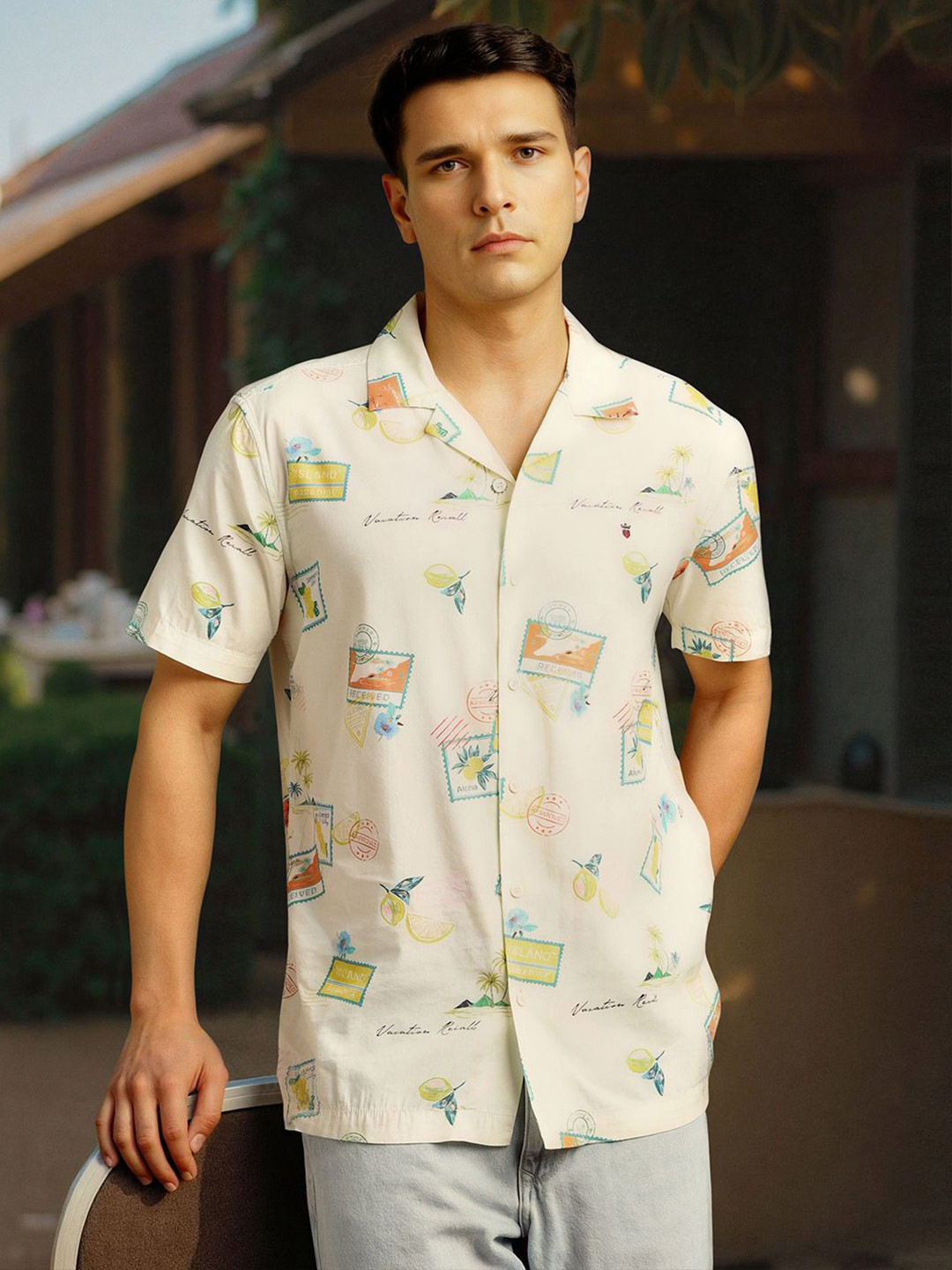 Louis Philippe Jeans Slim Fit Graphic Printed Lapel Collar Pure Cotton Shirt