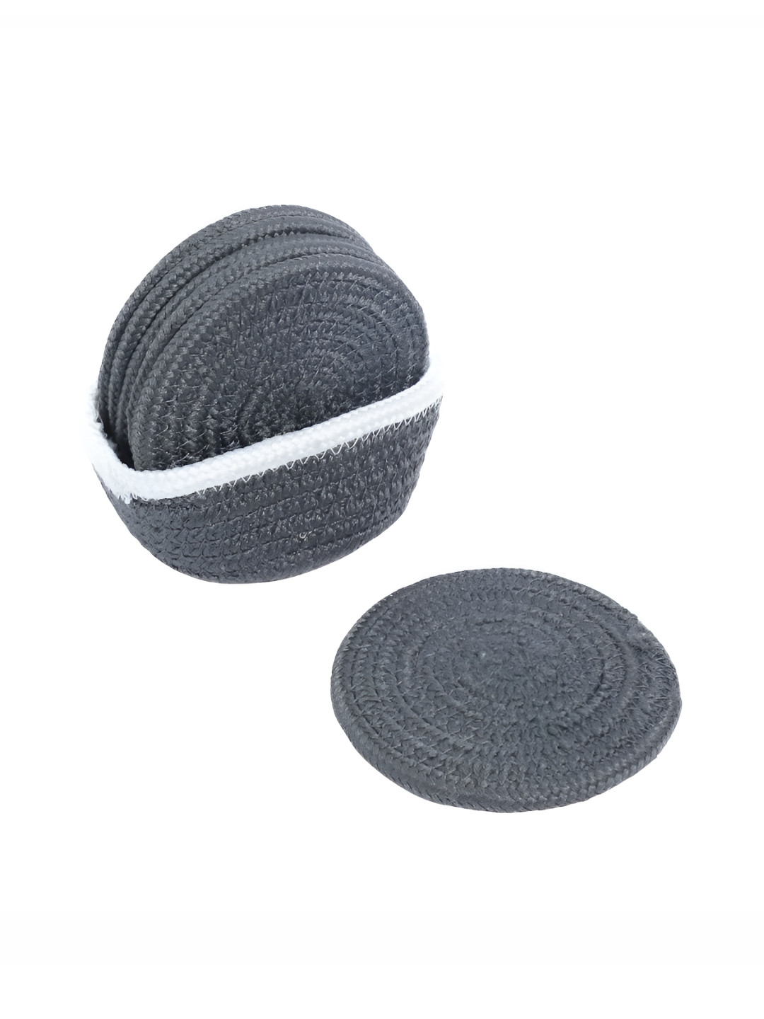 AURKA 6Pcs Grey & White Braided Round Absorbent Boho Eco-Friendly Coasters With Holder